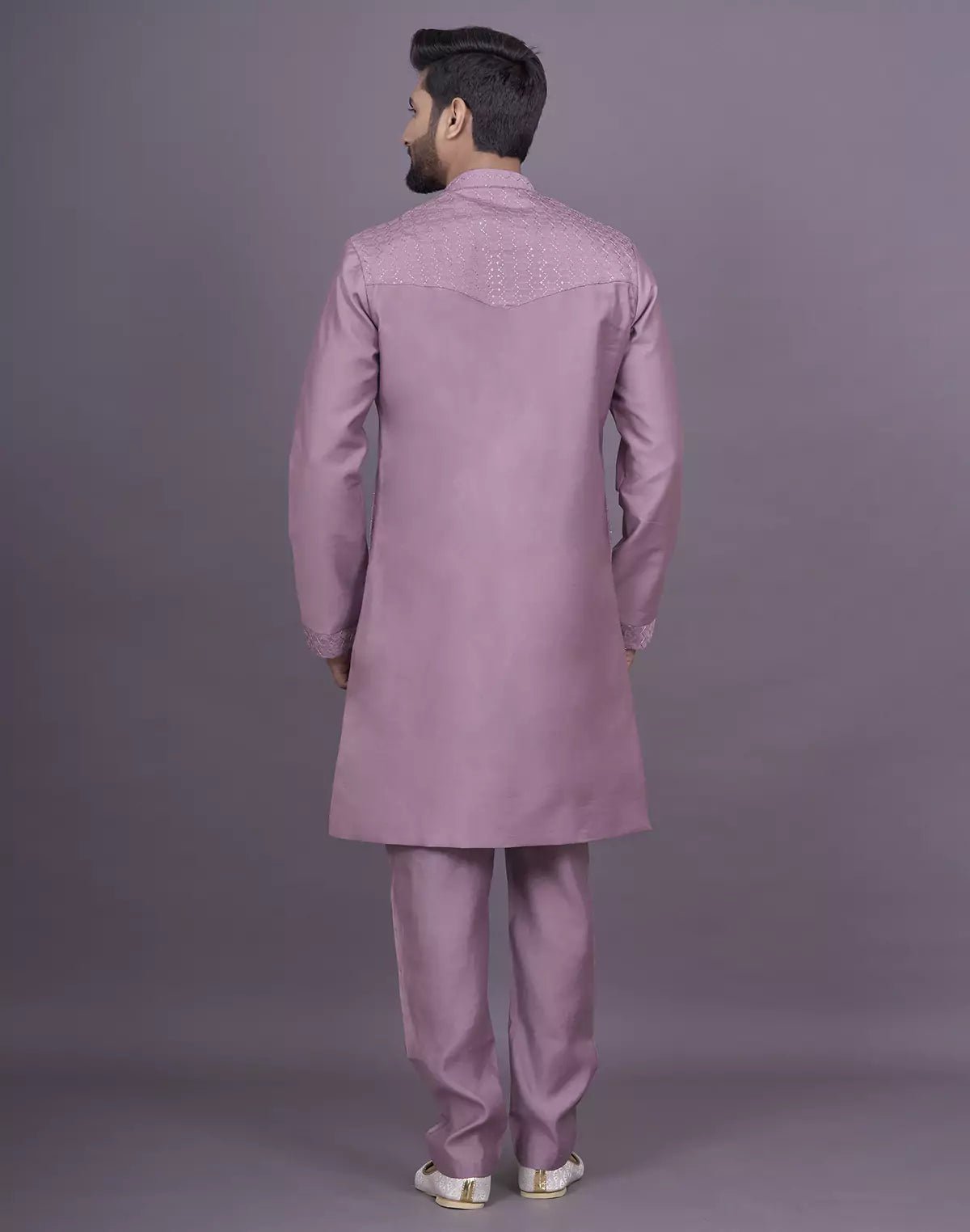 Image of Decent Onion Coloured Self Thread Embroidery work Soft Silk Kurta Jacket Set - South India Shopping Mall