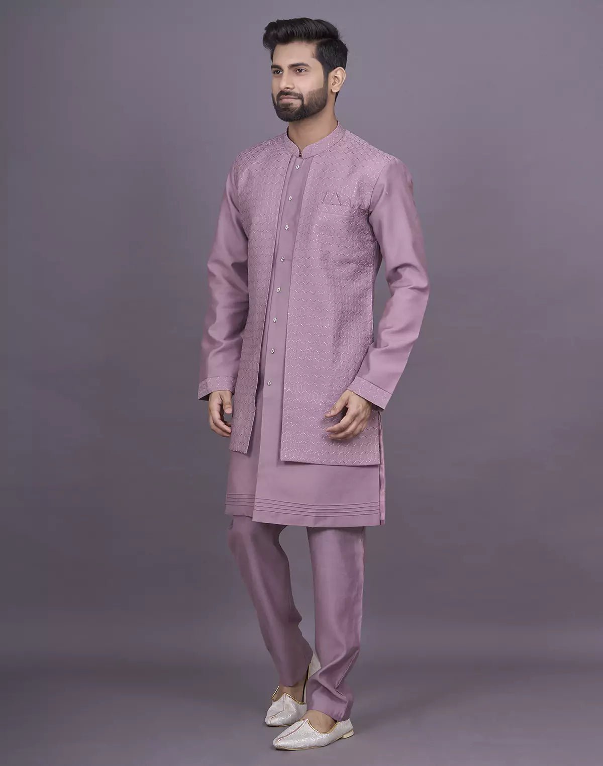 Image of Decent Onion Coloured Self Thread Embroidery work Soft Silk Kurta Jacket Set - South India Shopping Mall