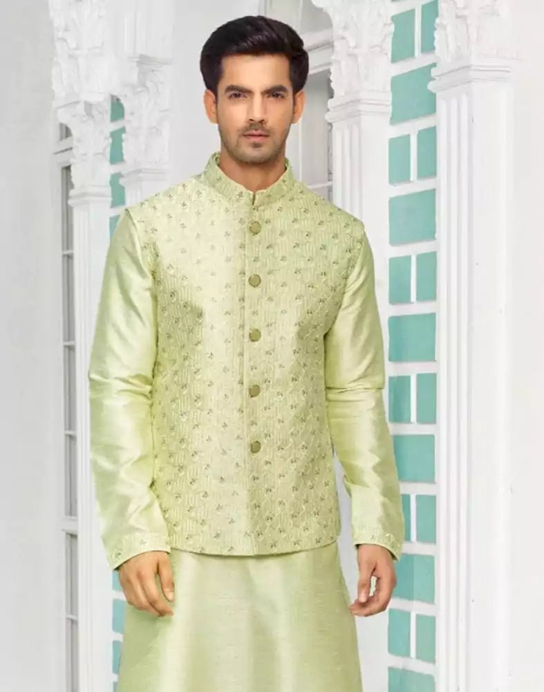 Decent Pista Green Raw Silk Embellished work Kurta Jacket Set - South India Shopping Mall