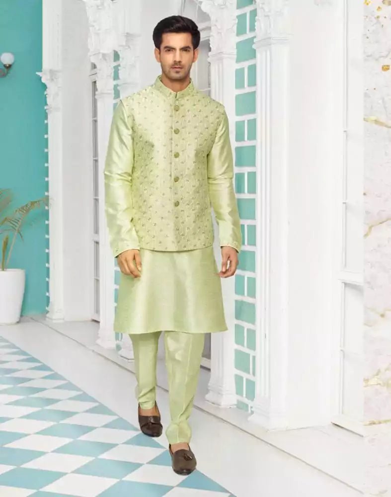 Image of Decent Pista Green Raw Silk Embellished work Kurta Jacket Set - South India Shopping Mall