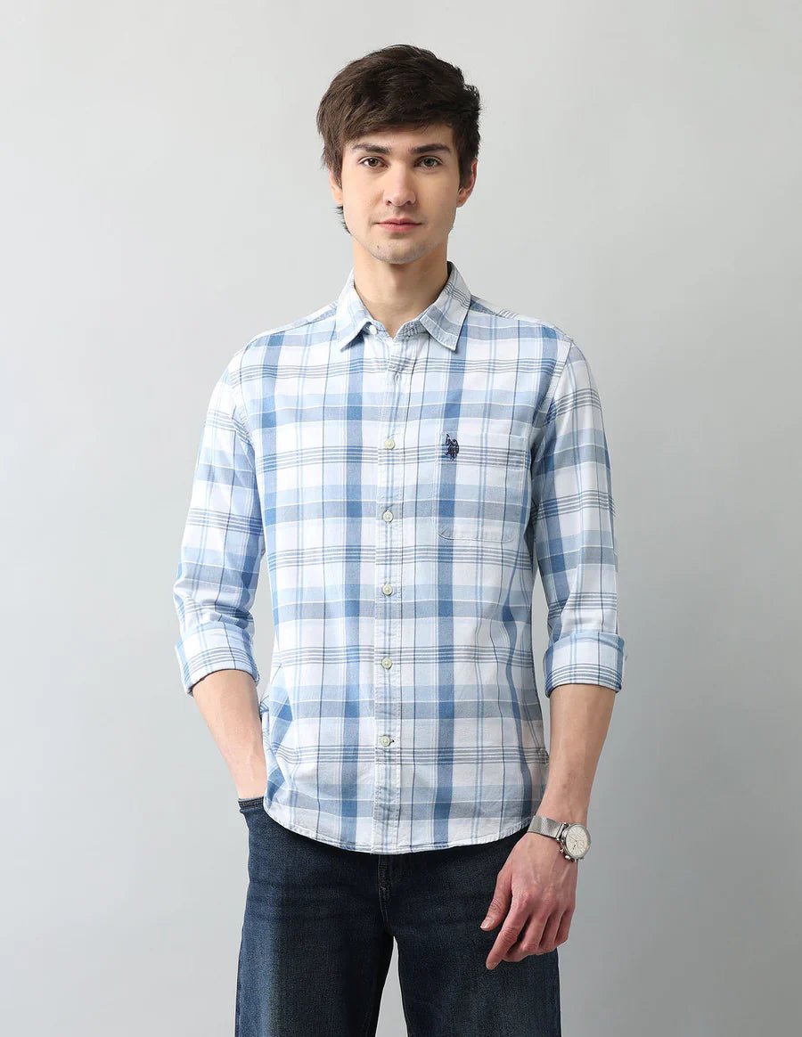 Image of Denim Co Indigo Blue Cotton Men's Plaid Checked Shirt - South India Shopping Mall
