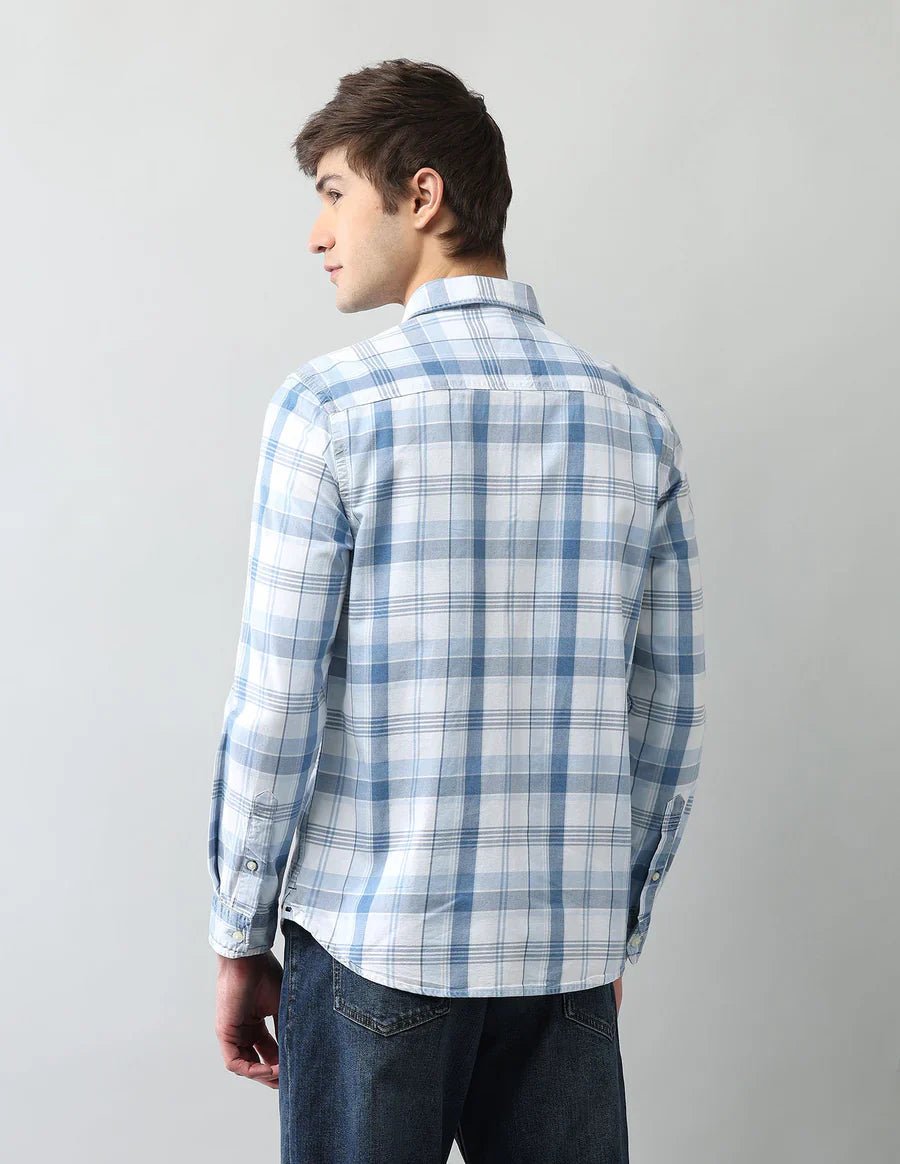 Image of Denim Co Indigo Blue Cotton Men's Plaid Checked Shirt - South India Shopping Mall