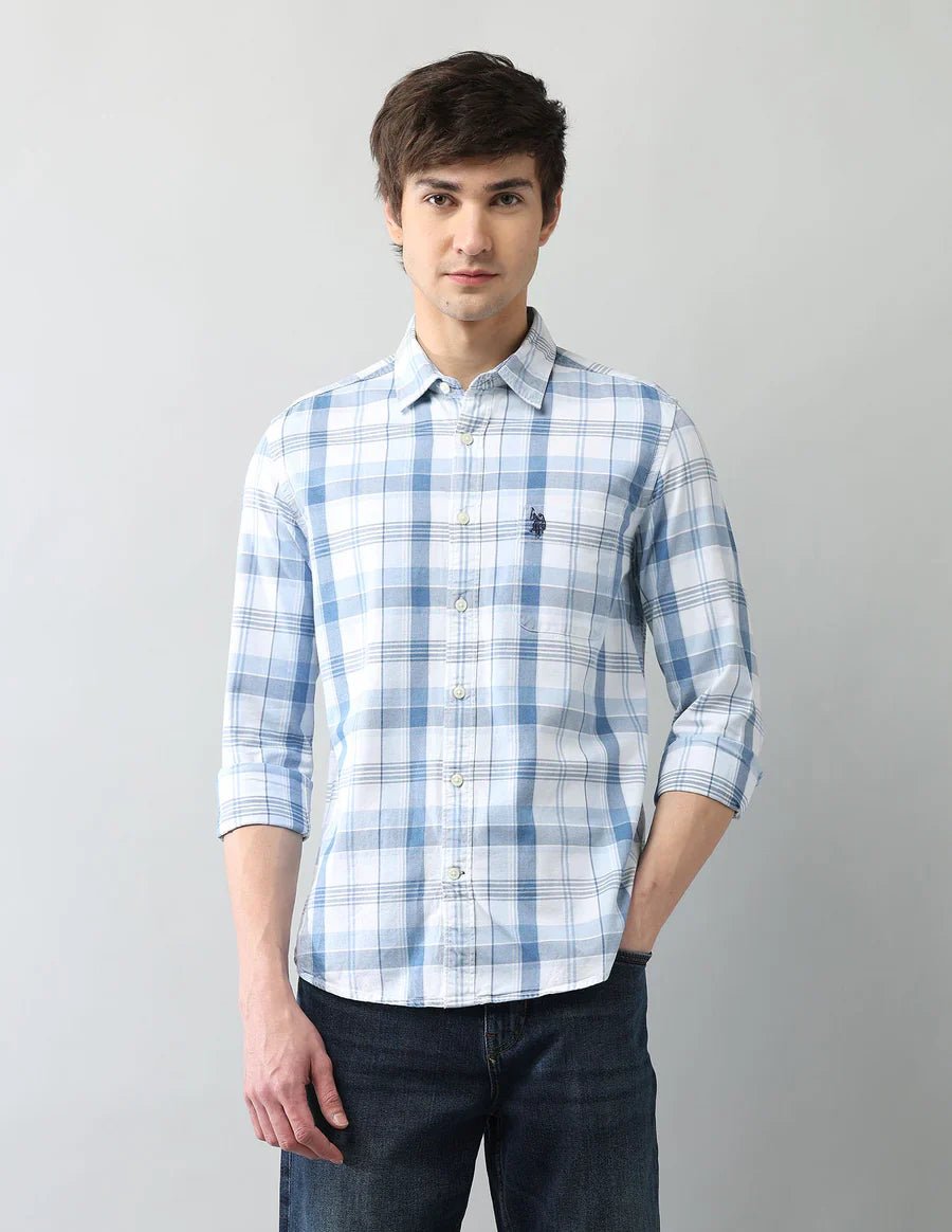 Image of Denim Co Indigo Blue Cotton Men's Plaid Checked Shirt - South India Shopping Mall