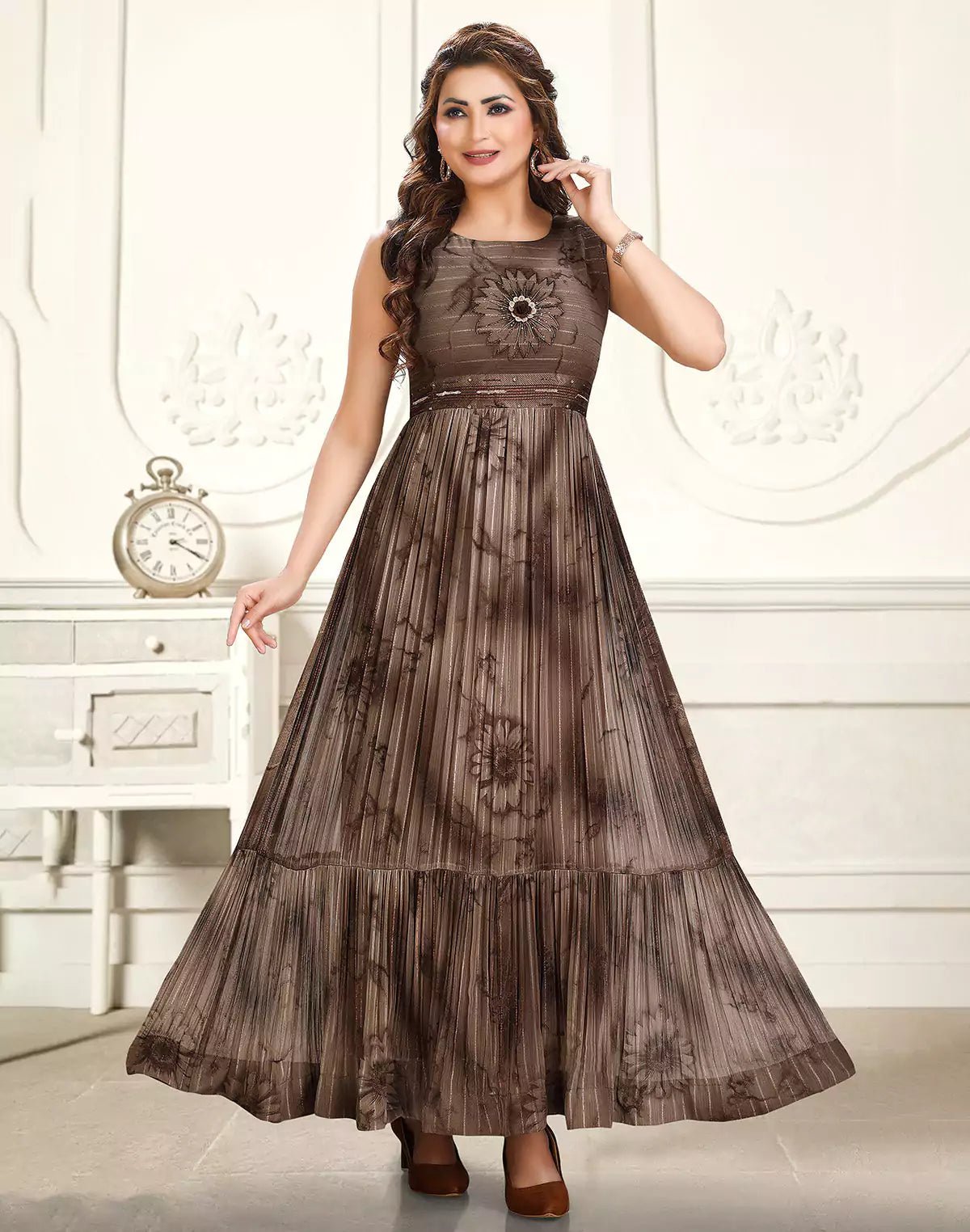 Image of Designer Brown Floral Print Georgette Long Kurti - South India Shopping Mall