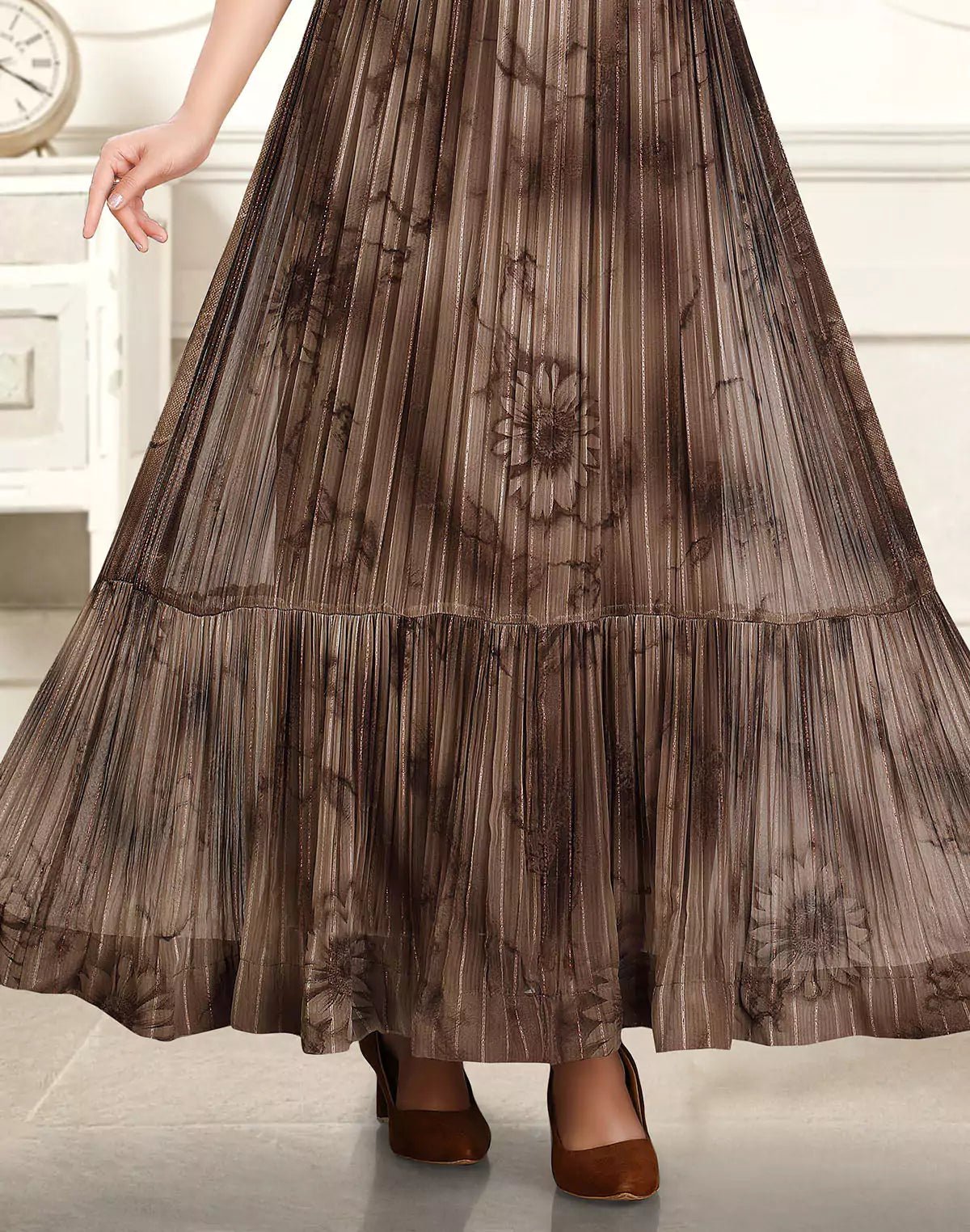 Image of Designer Brown Floral Print Georgette Long Kurti - South India Shopping Mall