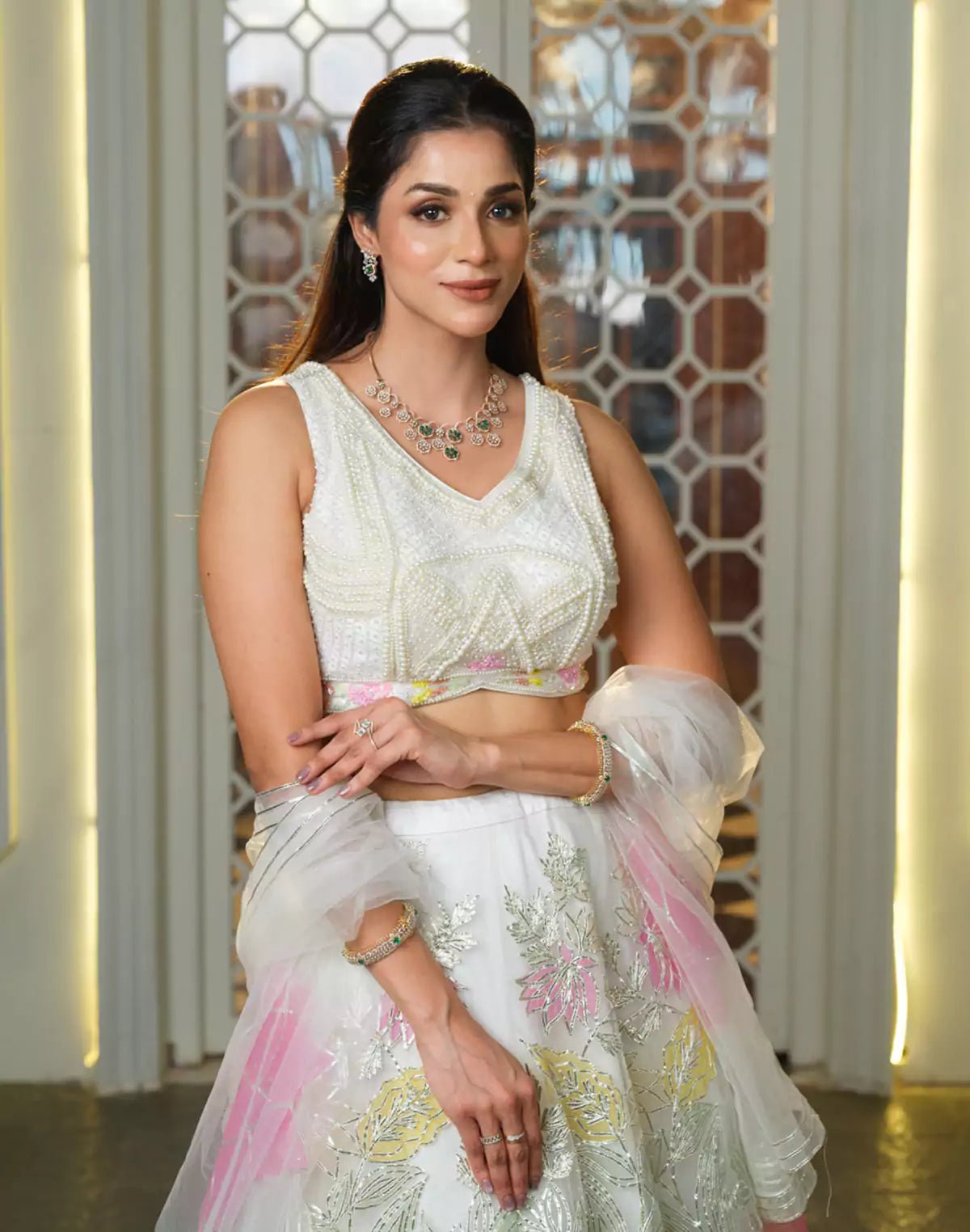 Image of Designer Off White Floral Netted Heavy Pearls work Crop Top and Lehenga Set - South India Shopping Mall