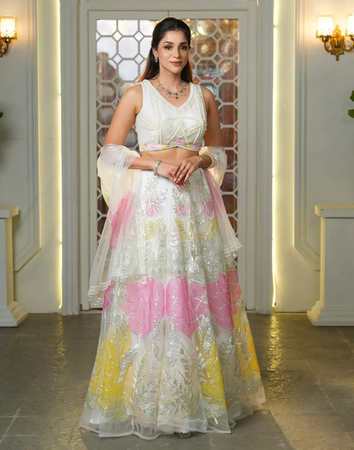 Image of Designer Off White Floral Netted Heavy Pearls work Crop Top and Lehenga Set - South India Shopping Mall