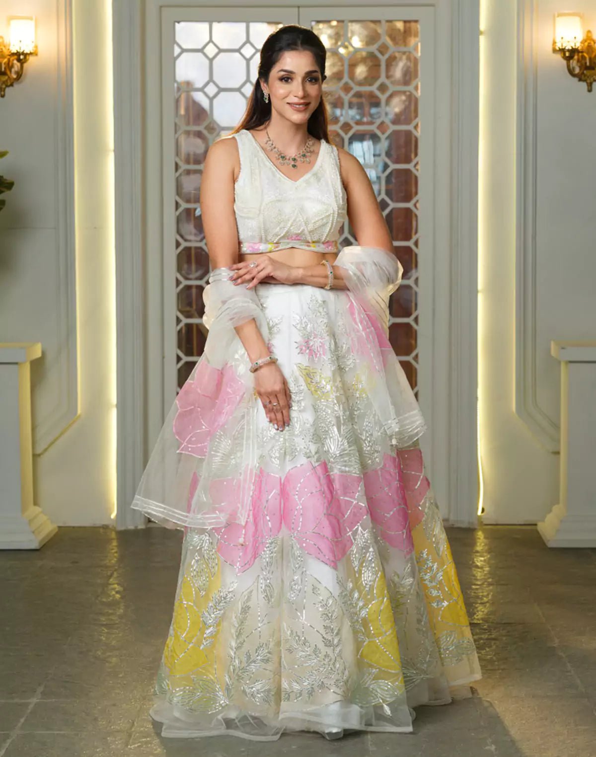Image of Designer Off White Floral Netted Heavy Pearls work Crop Top and Lehenga Set - South India Shopping Mall