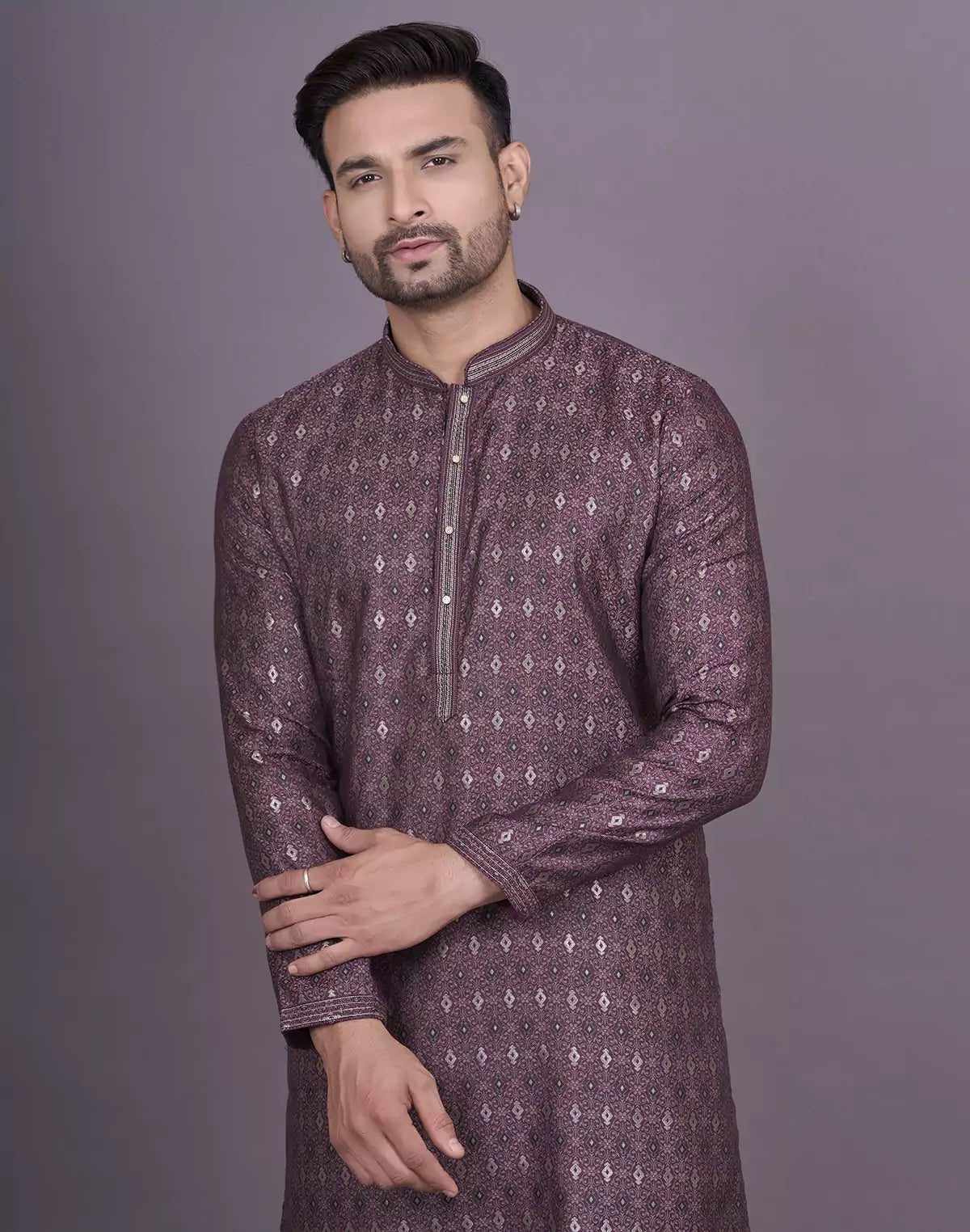 Image of Dewberry Purple Floral Design Jacquard Kurta Pyjama Set - South India Shopping Mall