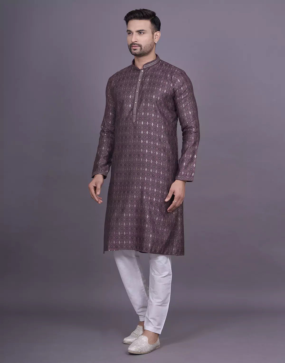 Image of Dewberry Purple Floral Design Jacquard Kurta Pyjama Set - South India Shopping Mall
