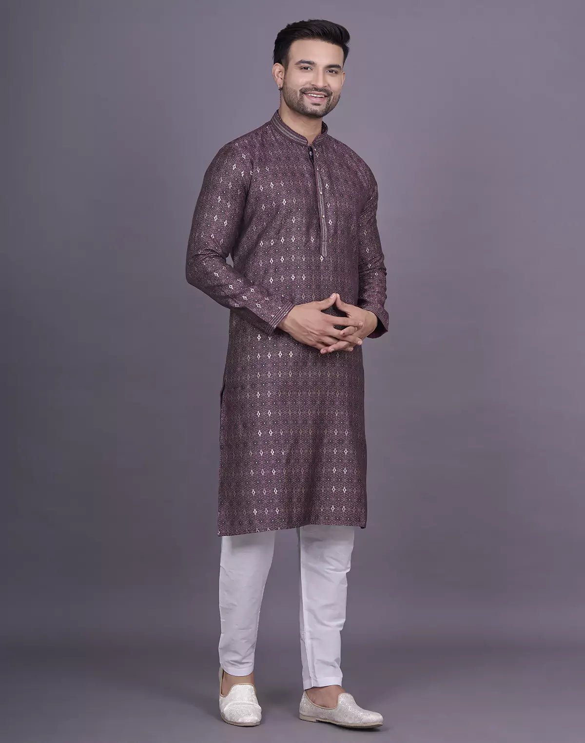 Image of Dewberry Purple Floral Design Jacquard Kurta Pyjama Set - South India Shopping Mall