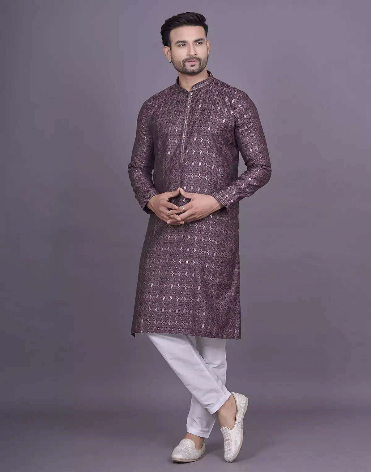 Image of Dewberry Purple Floral Design Jacquard Kurta Pyjama Set - South India Shopping Mall