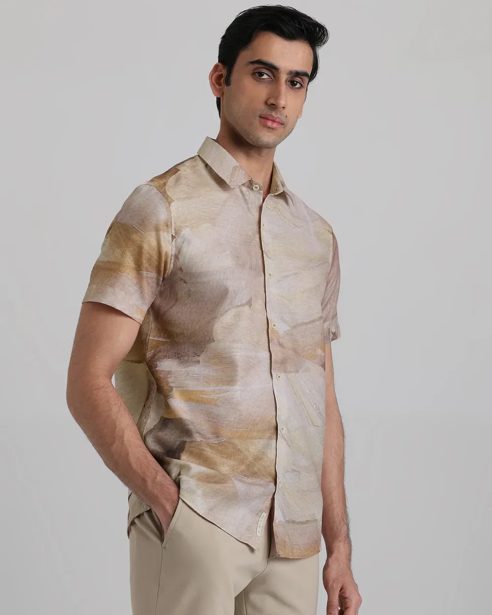 Image of Digital Print Beige Polyster with Cotton Half Sleeve Shirt - South India Shopping Mall