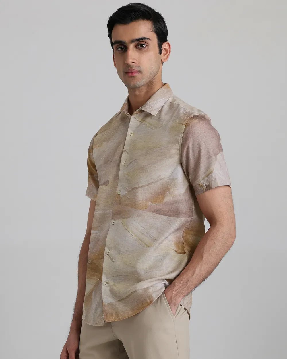 Image of Digital Print Beige Polyster with Cotton Half Sleeve Shirt - South India Shopping Mall