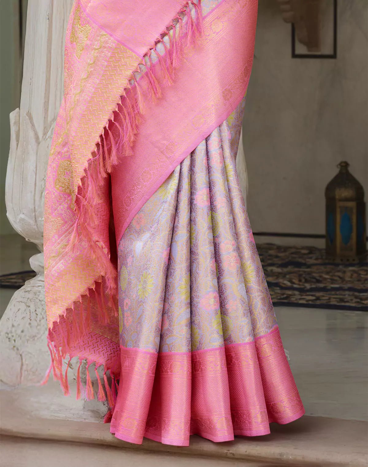 Image of Double Shaded Beige Tissue Jaal Kanchipuram Pure Silk Saree With Contrast Boder - South India Shopping Mall
