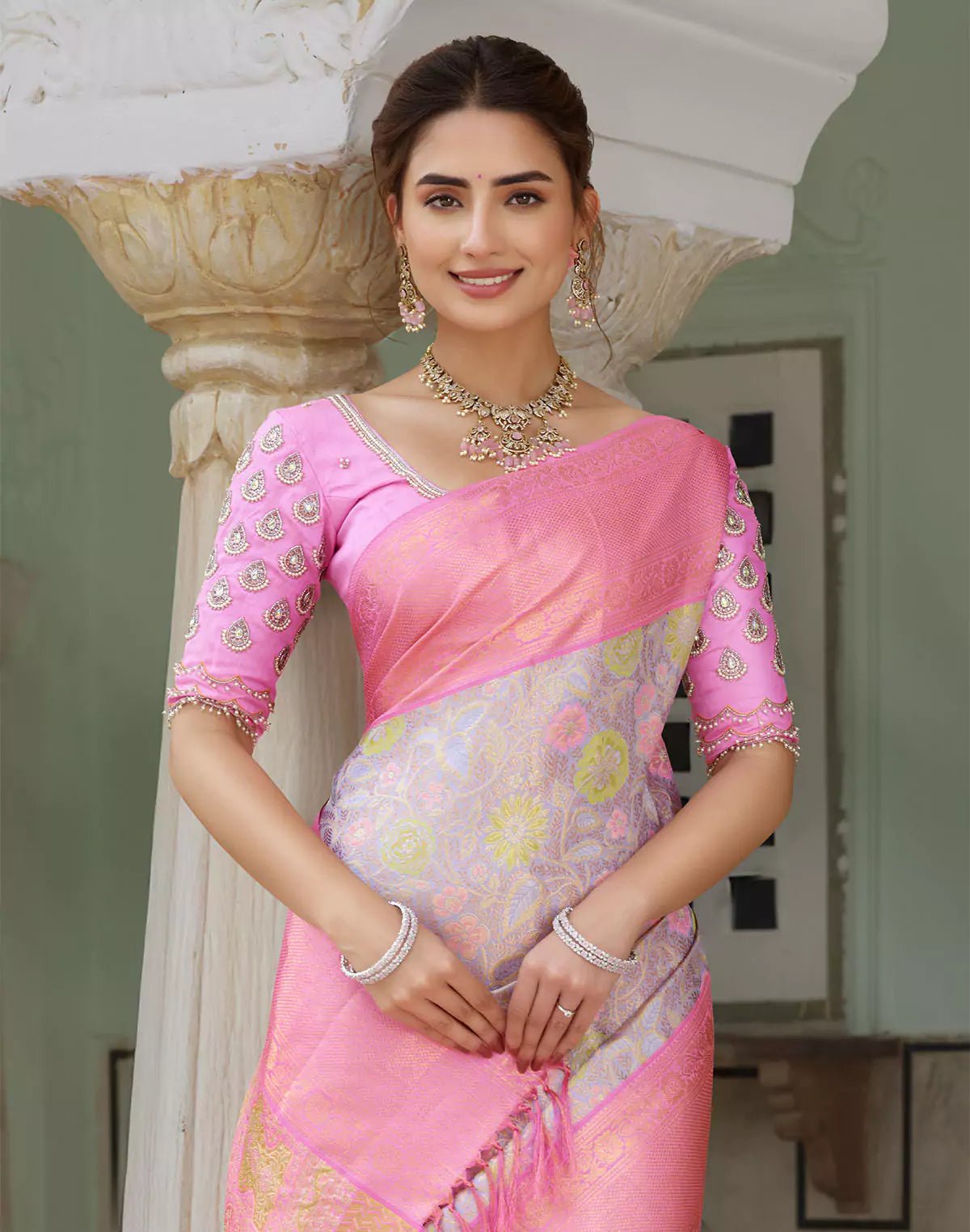 Image of Double Shaded Beige Tissue Jaal Kanchipuram Pure Silk Saree With Contrast Boder - South India Shopping Mall