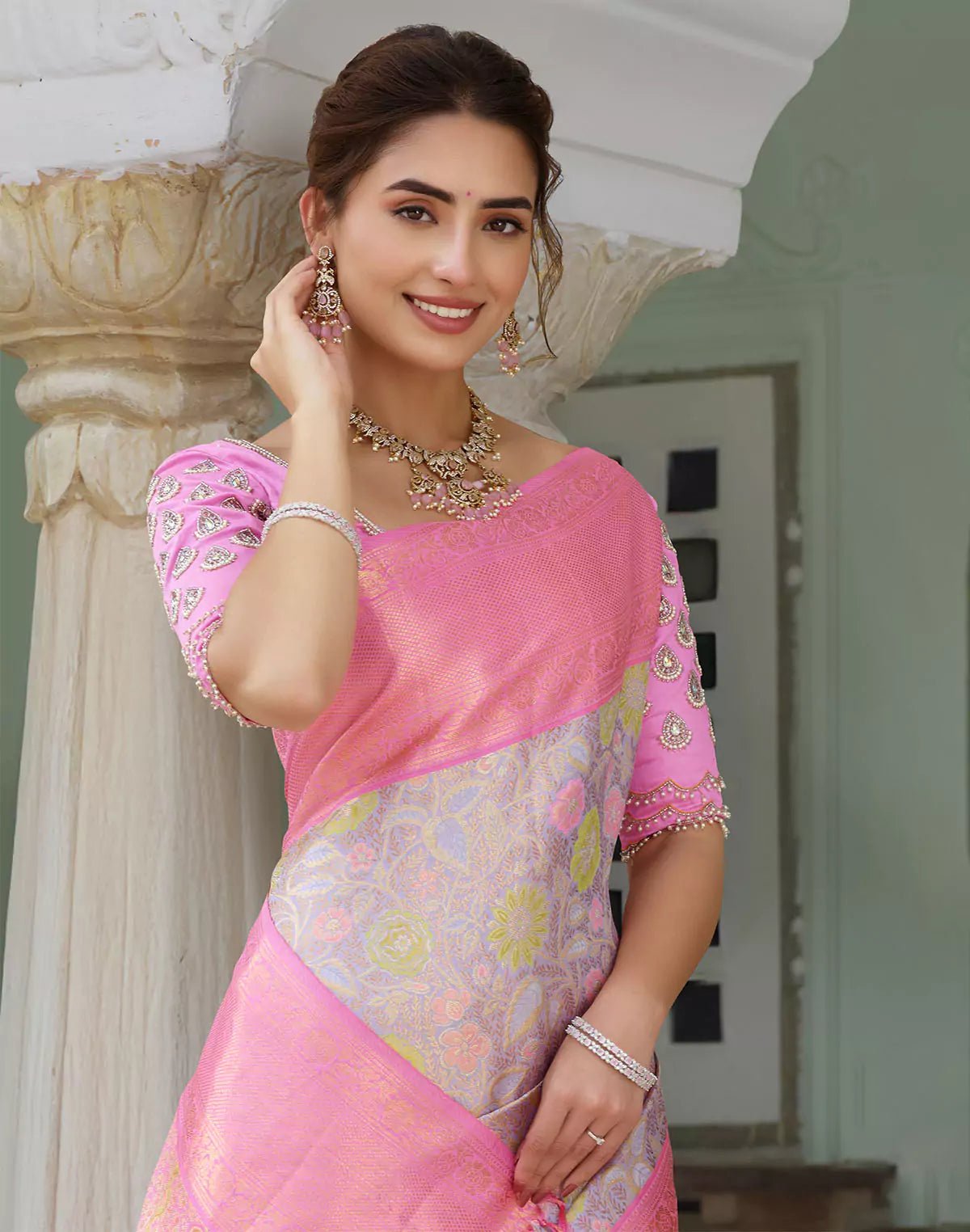 Image of Double Shaded Beige Tissue Jaal Kanchipuram Pure Silk Saree With Contrast Boder - South India Shopping Mall