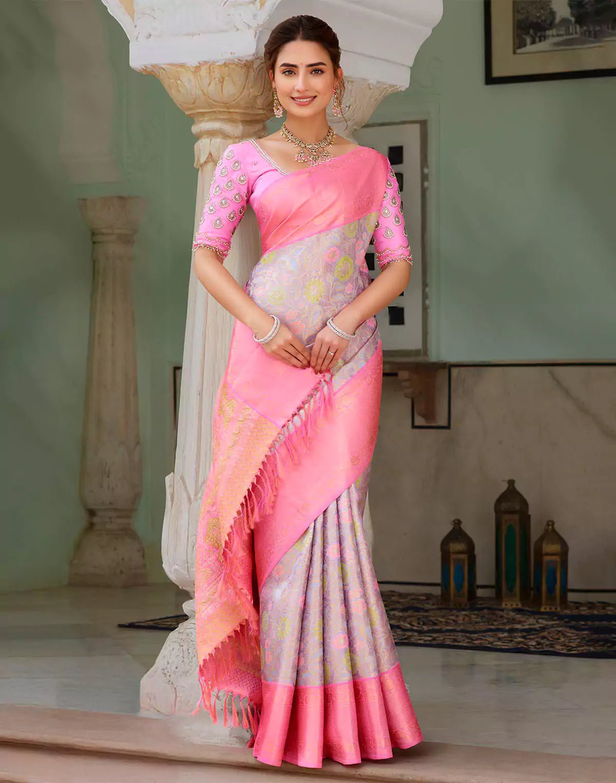 Double Shaded Beige Tissue Jaal Kanchipuram Pure Silk Saree With Contrast Boder - South India Shopping Mall