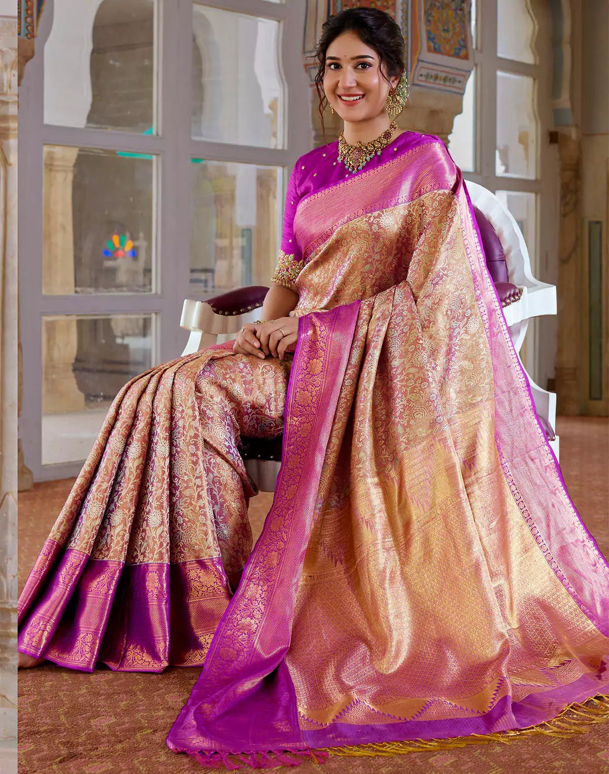 Image of Double Shaded Beige Tissue Jaal Pure Silk Contrast Saree - South India Shopping Mall