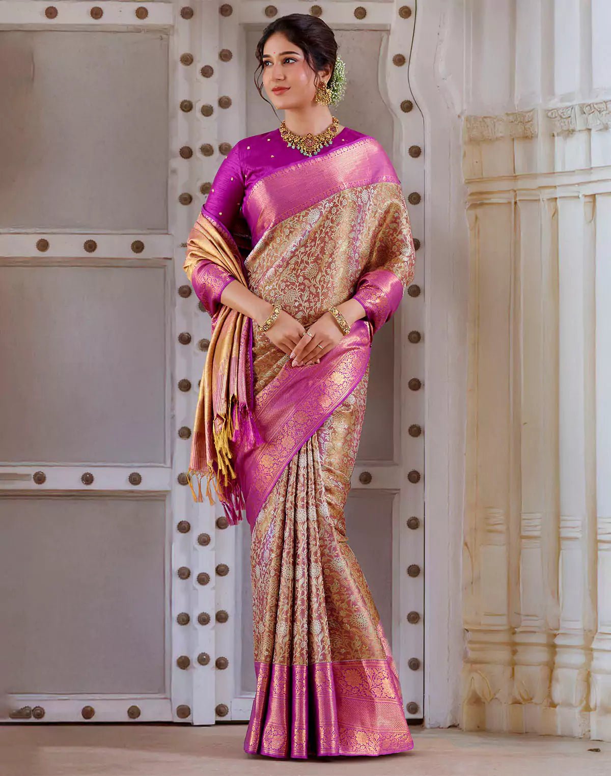Image of Double Shaded Beige Tissue Jaal Pure Silk Contrast Saree - South India Shopping Mall