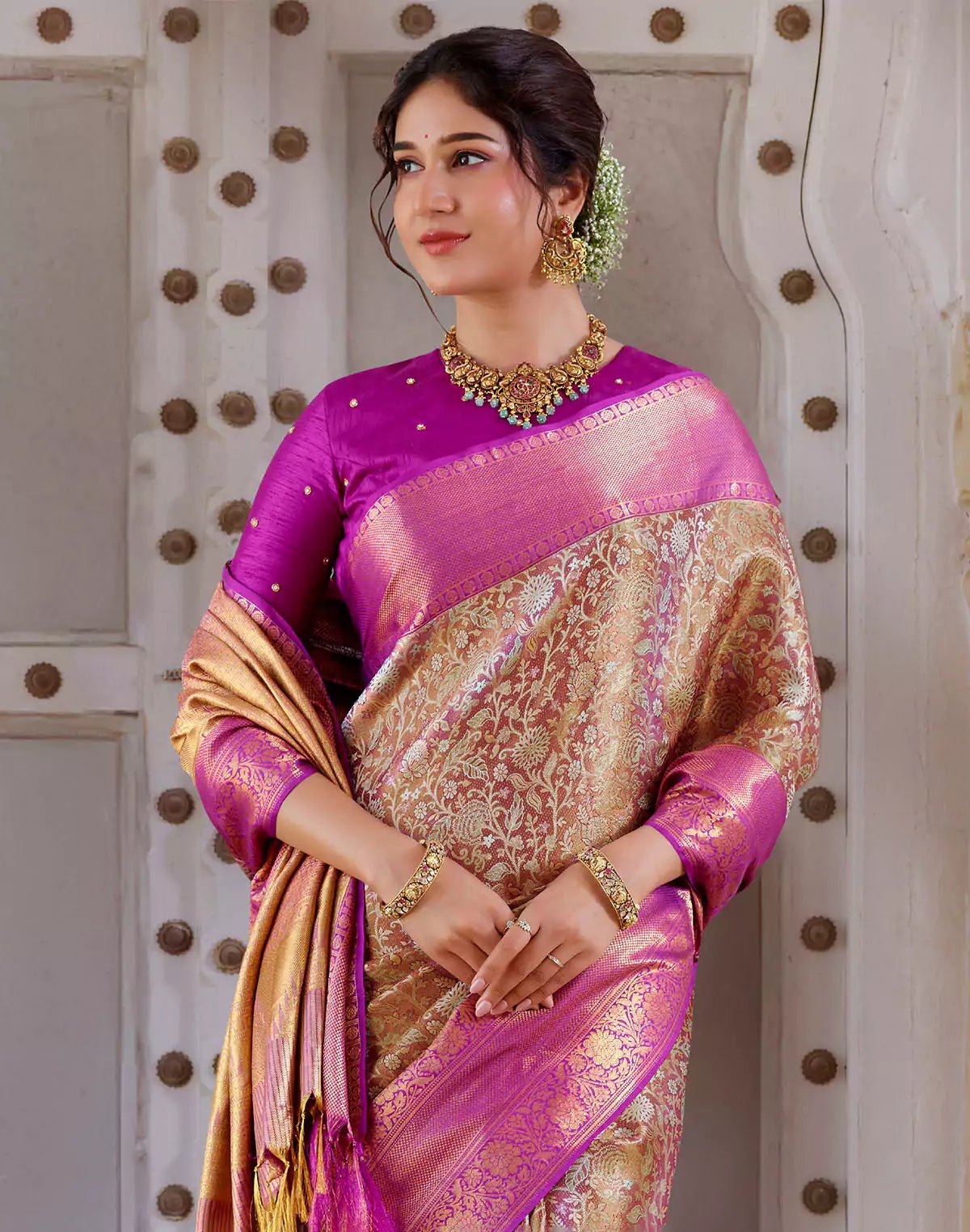 Image of Double Shaded Beige Tissue Jaal Pure Silk Contrast Saree - South India Shopping Mall