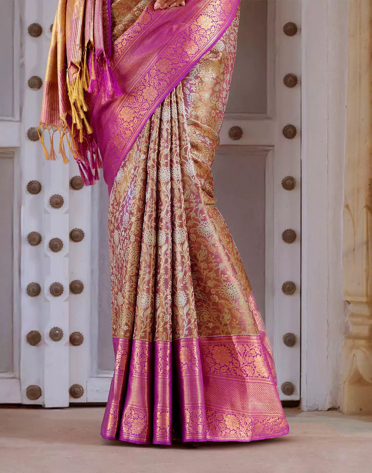 Double Shaded Beige Tissue Jaal Pure Silk Contrast Saree - South India Shopping Mall