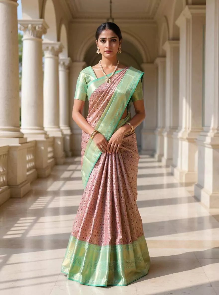 Image of Double Shaded Floral Motifs Maroon Tissue Jaal Kanchi Padiya Pattu Silk Saree - South India Shopping Mall