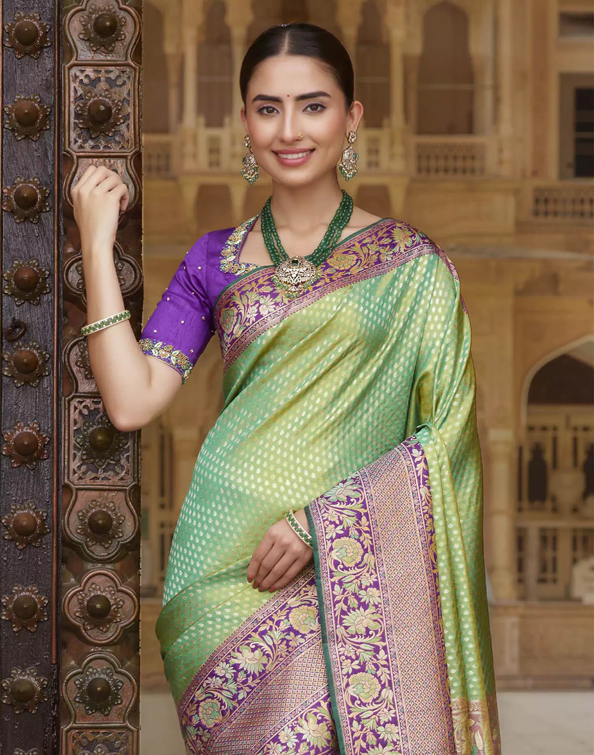 Image of Double Shaded Green Brocade Design Pure Silk Contrast Skut Border Saree - South India Shopping Mall