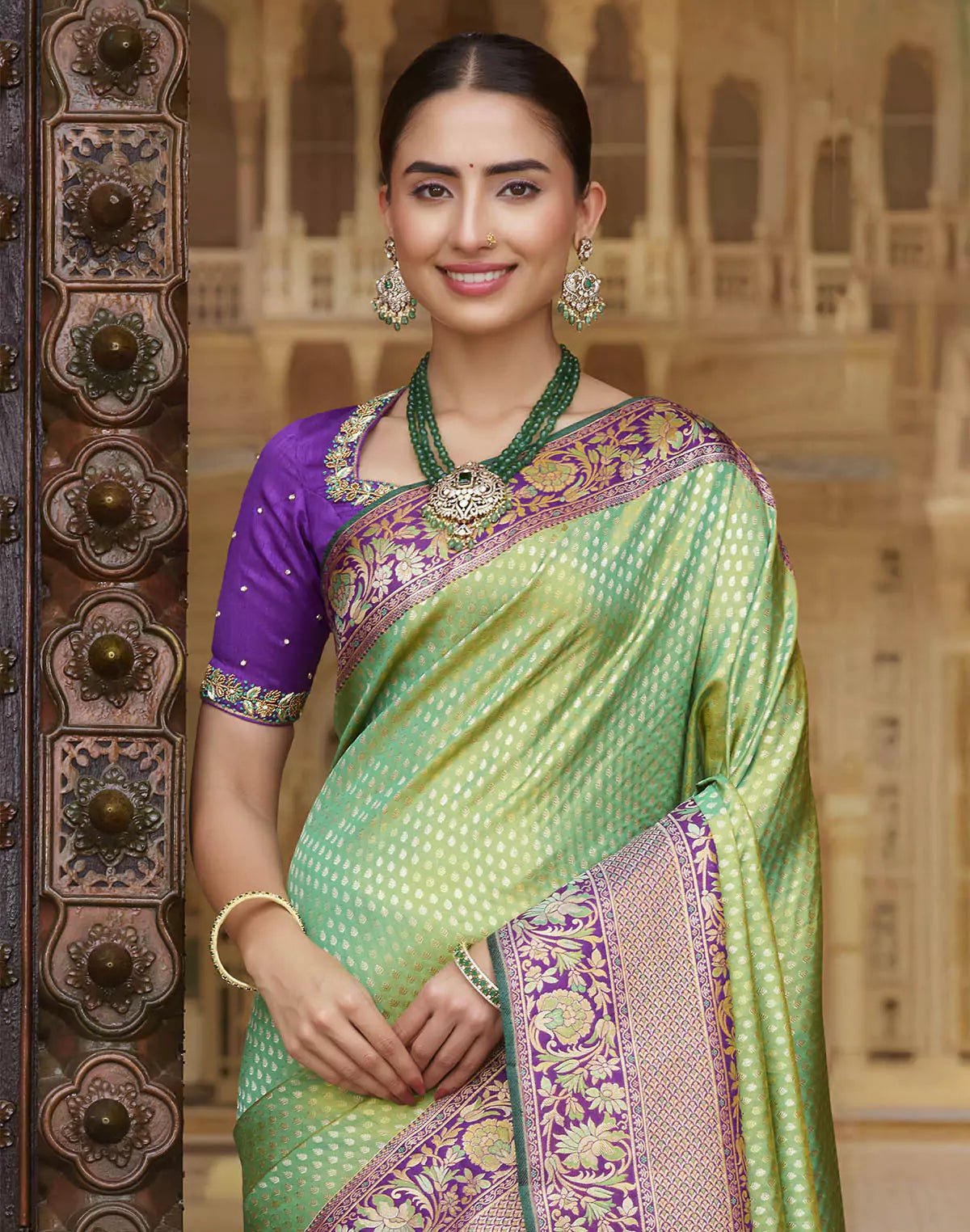 Image of Double Shaded Green Brocade Design Pure Silk Contrast Skut Border Saree - South India Shopping Mall