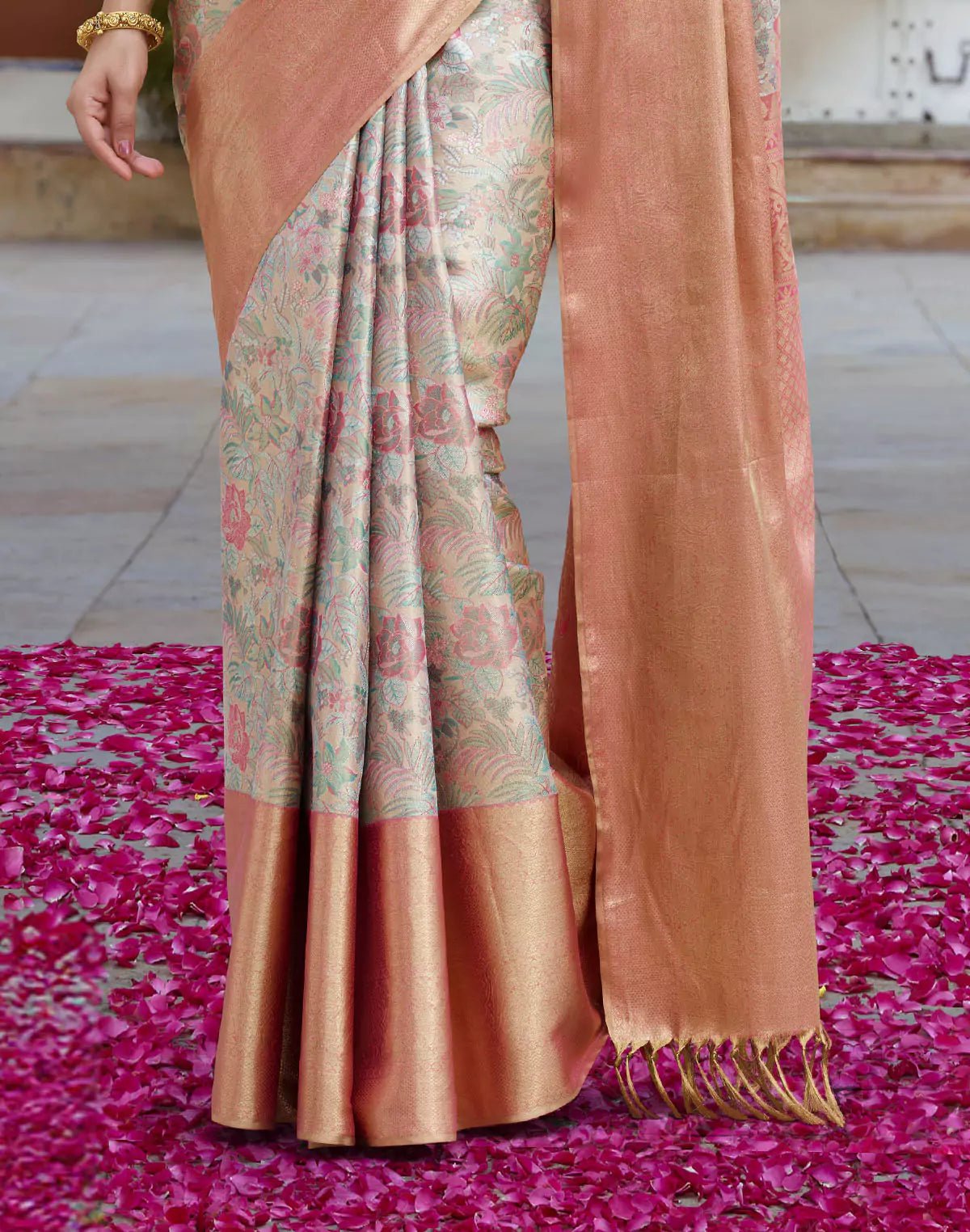 Image of Double Shaded Grey Tissue Jaal Kanchipuram Pure Silk Saree - South India Shopping Mall