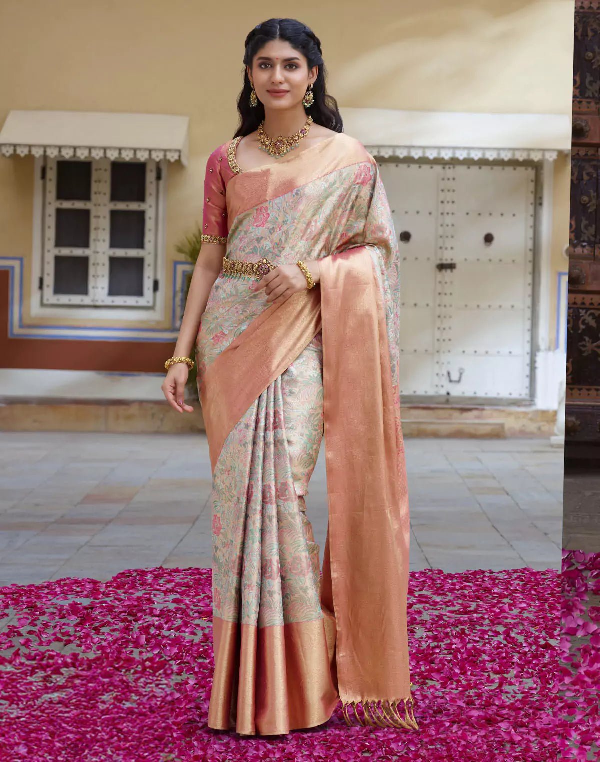 Image of Double Shaded Grey Tissue Jaal Kanchipuram Pure Silk Saree - South India Shopping Mall