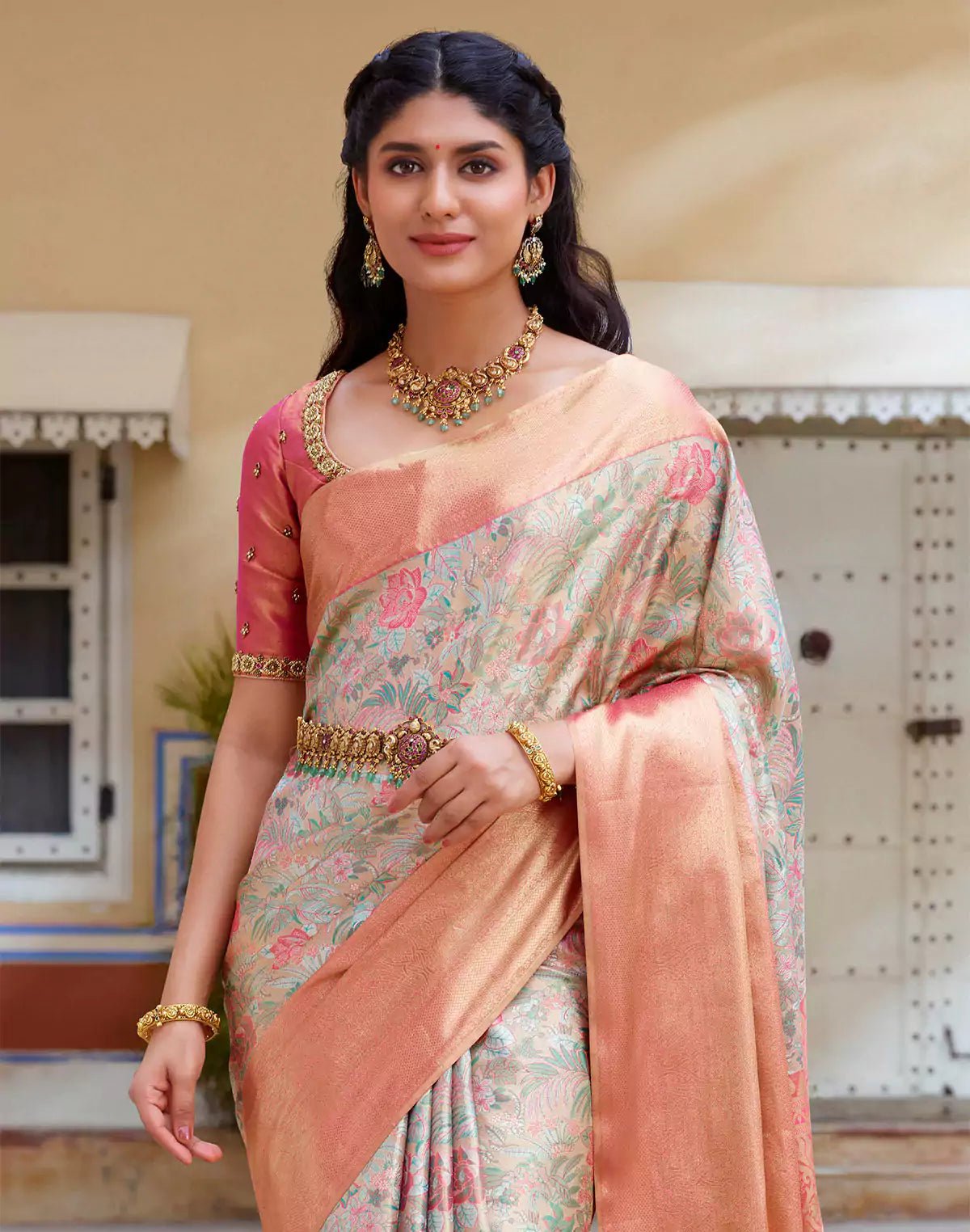 Image of Double Shaded Grey Tissue Jaal Kanchipuram Pure Silk Saree - South India Shopping Mall