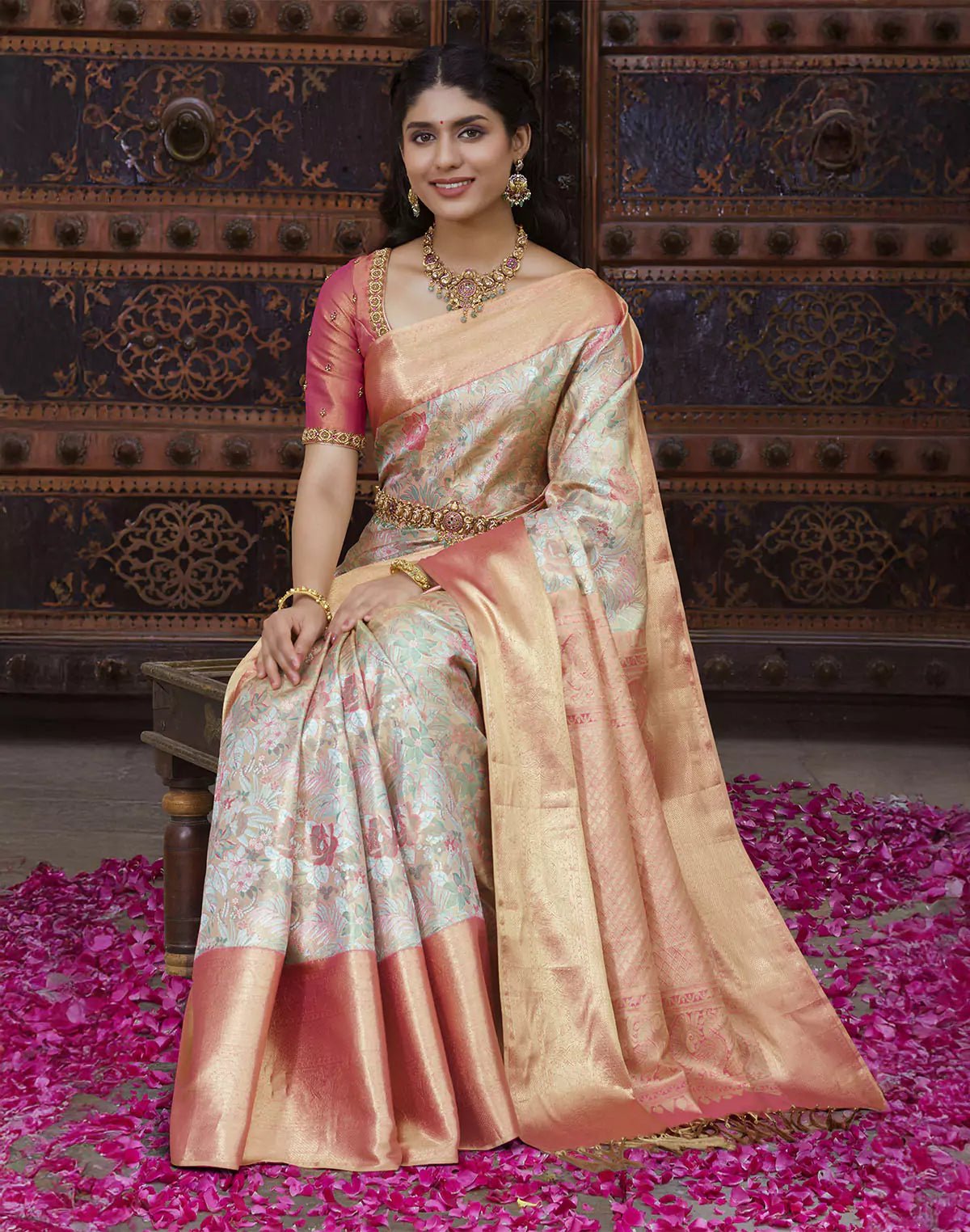 Image of Double Shaded Grey Tissue Jaal Kanchipuram Pure Silk Saree - South India Shopping Mall
