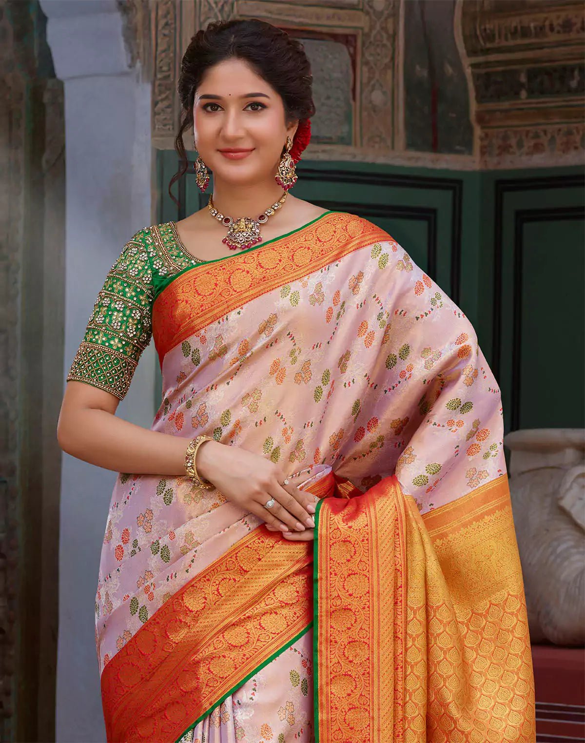 Image of Double Shaded Light Purple Kanchipuram Pure Silk Saree With Contrast Blouse - South India Shopping Mall