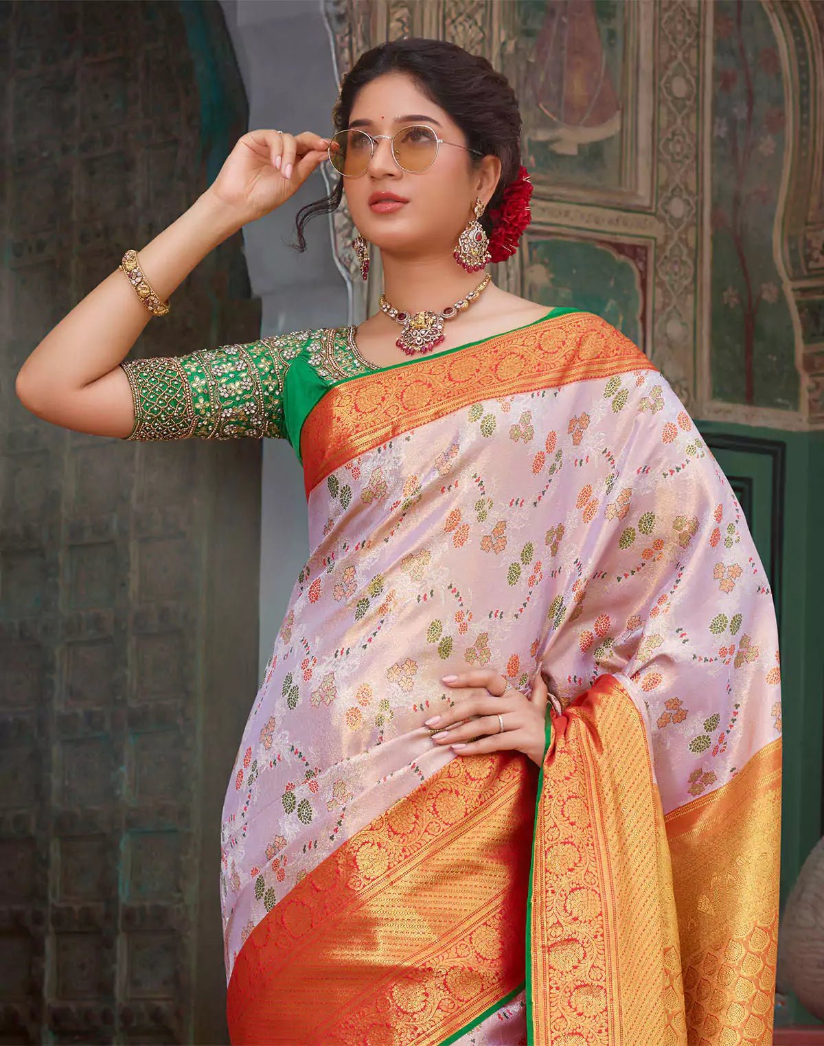 Image of Double Shaded Light Purple Kanchipuram Pure Silk Saree With Contrast Blouse - South India Shopping Mall