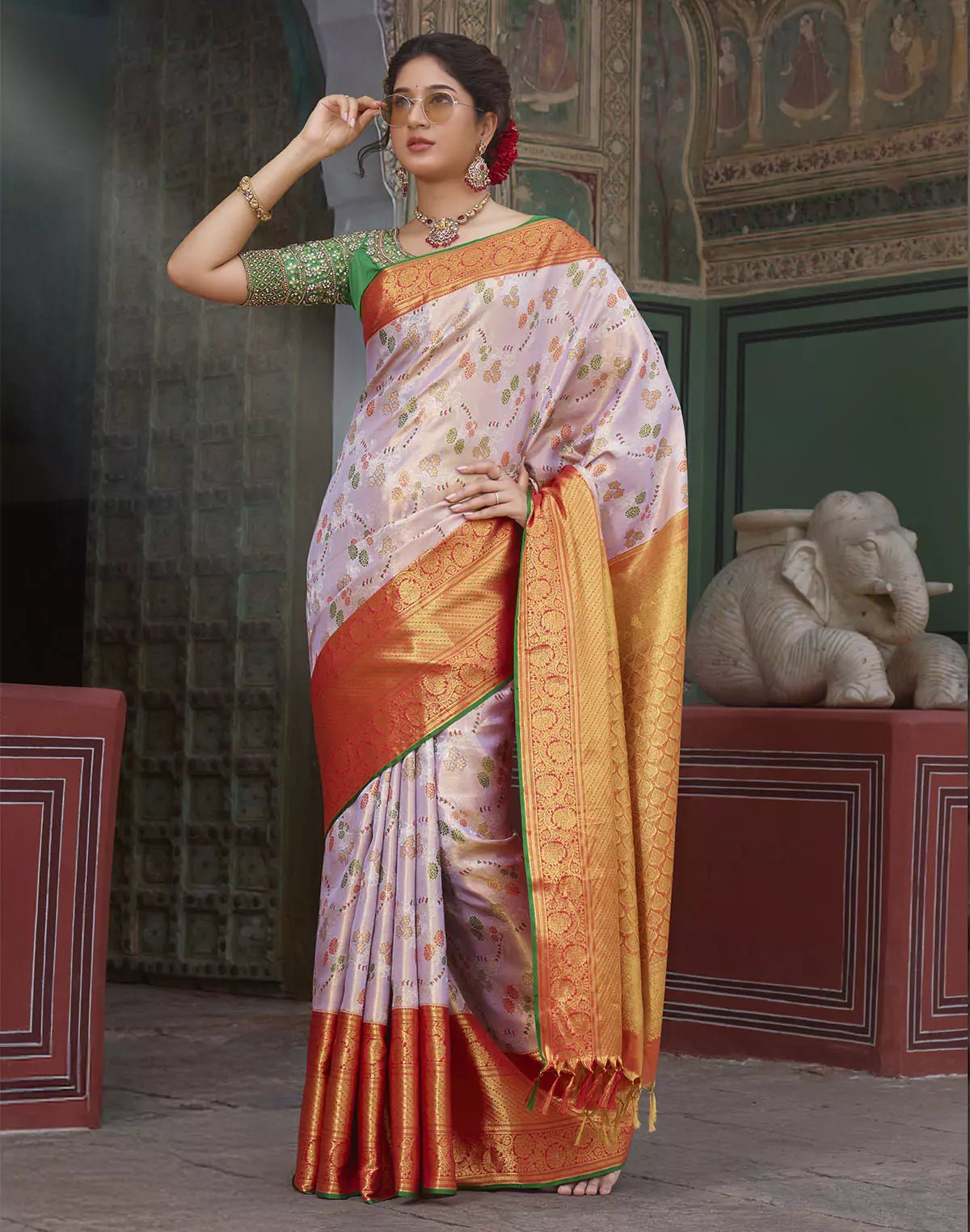Image of Double Shaded Light Purple Kanchipuram Pure Silk Saree With Contrast Blouse - South India Shopping Mall
