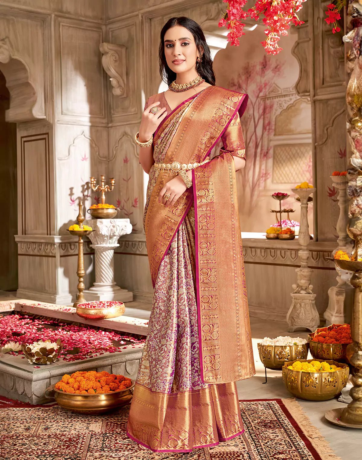 Image of Double Shaded Maroon Floral Tissue Jaal Semi Silk Saree - South India Shopping Mall