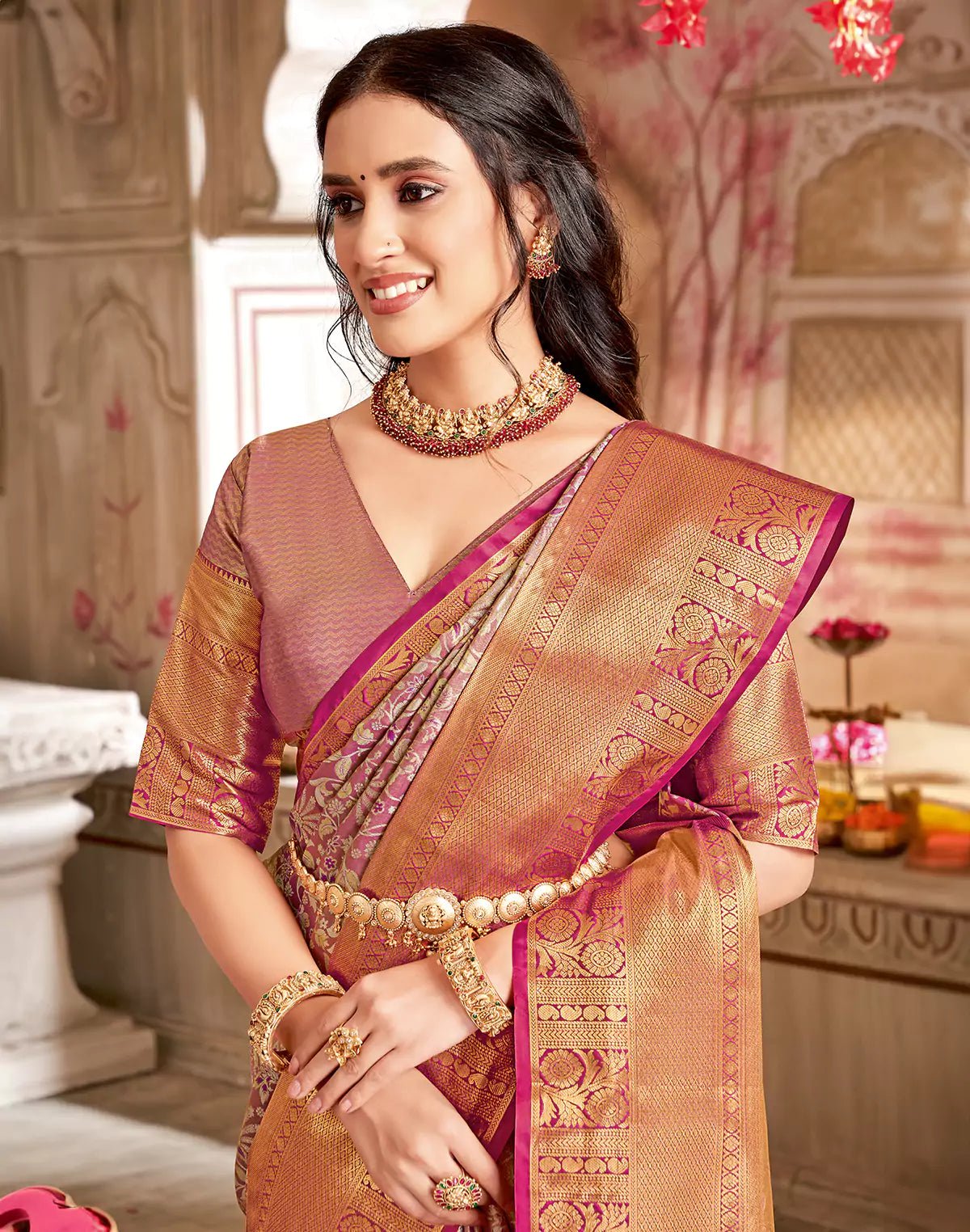 Image of Double Shaded Maroon Floral Tissue Jaal Semi Silk Saree - South India Shopping Mall