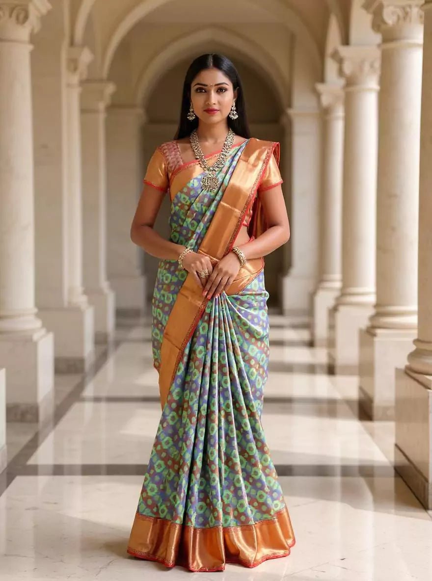 Image of Double Shaded Multi Color Tissue Jaal Kanchi Padiya Pattu Brocade Saree - South India Shopping Mall
