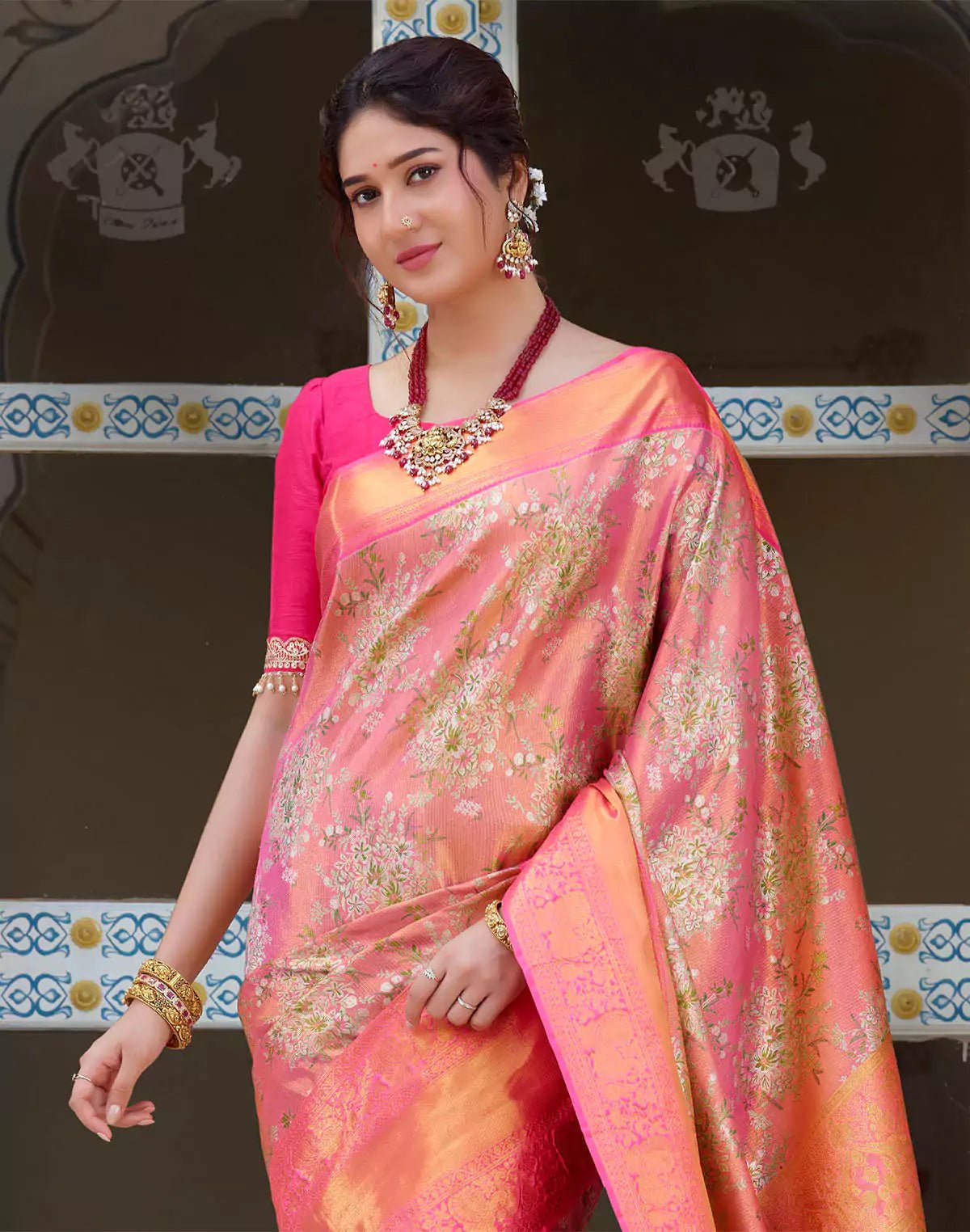 Image of Double Shaded Peach Tissue Jaal Skut Border Saree - South India Shopping Mall