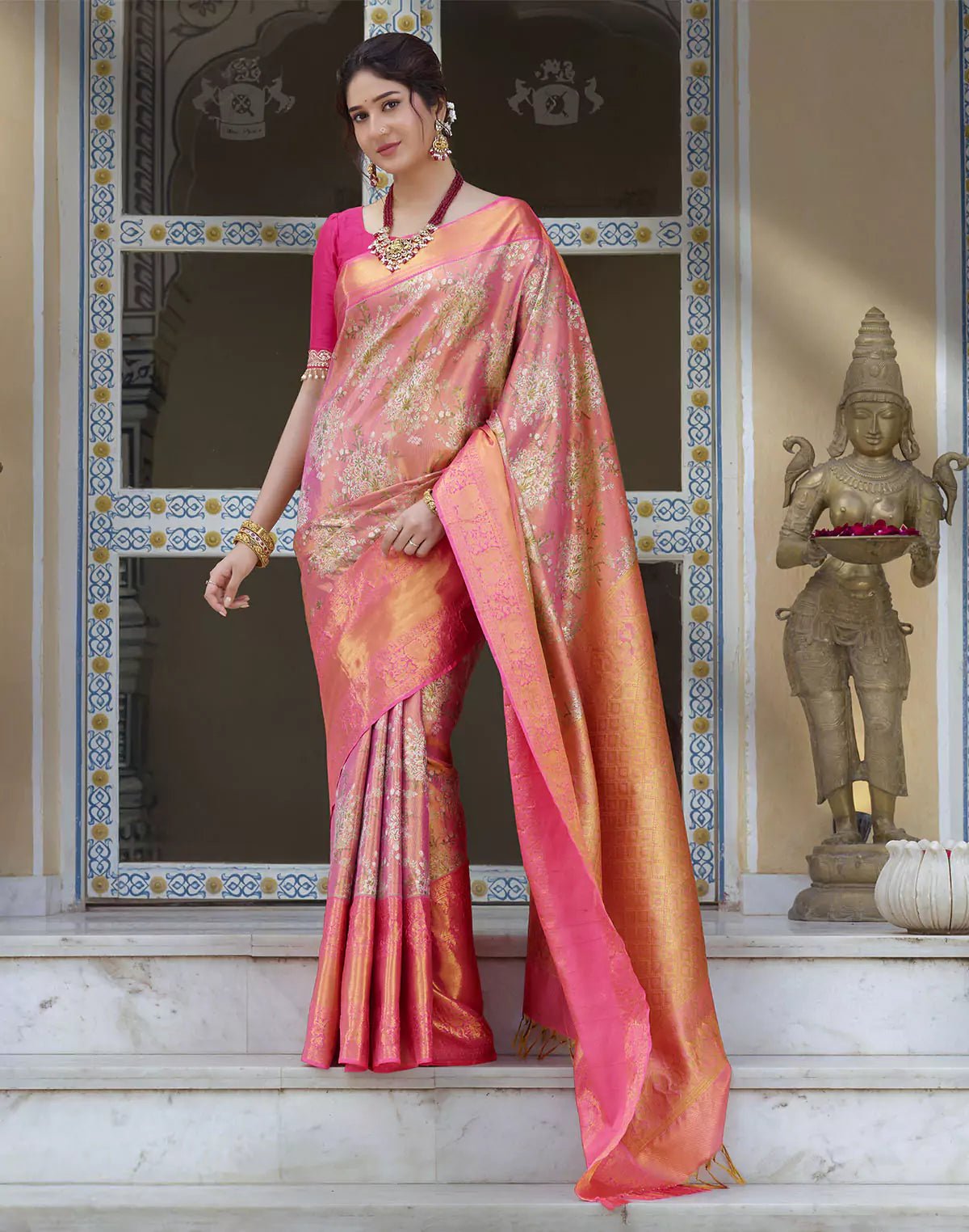 Image of Double Shaded Peach Tissue Jaal Skut Border Saree - South India Shopping Mall