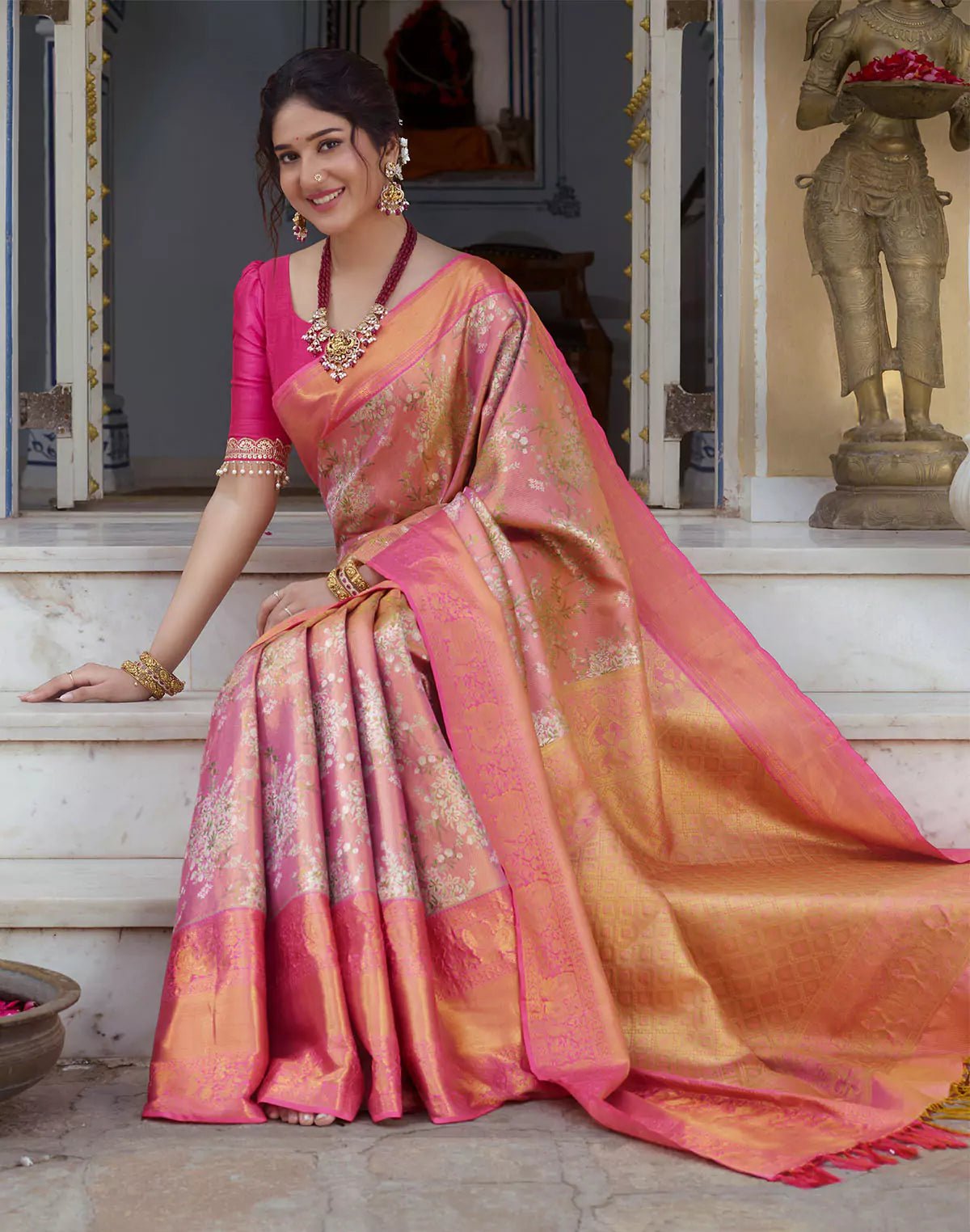 Image of Double Shaded Peach Tissue Jaal Skut Border Saree - South India Shopping Mall