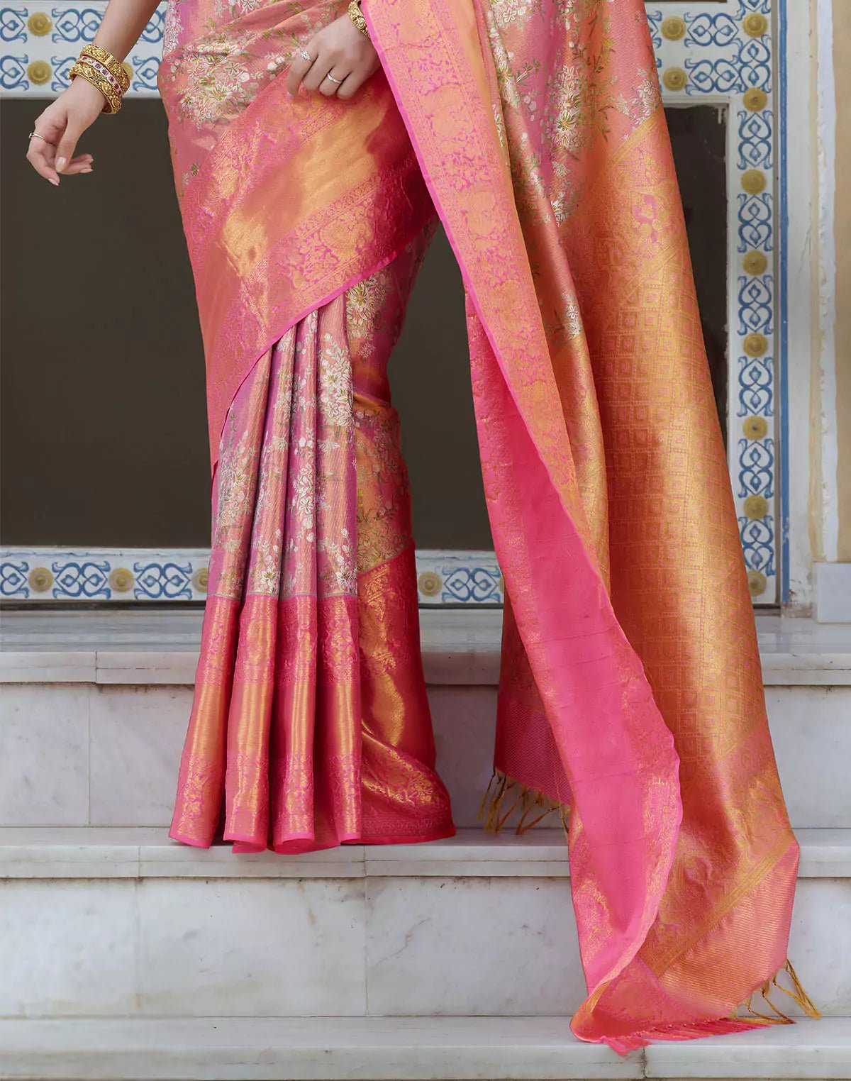 Image of Double Shaded Peach Tissue Jaal Skut Border Saree - South India Shopping Mall