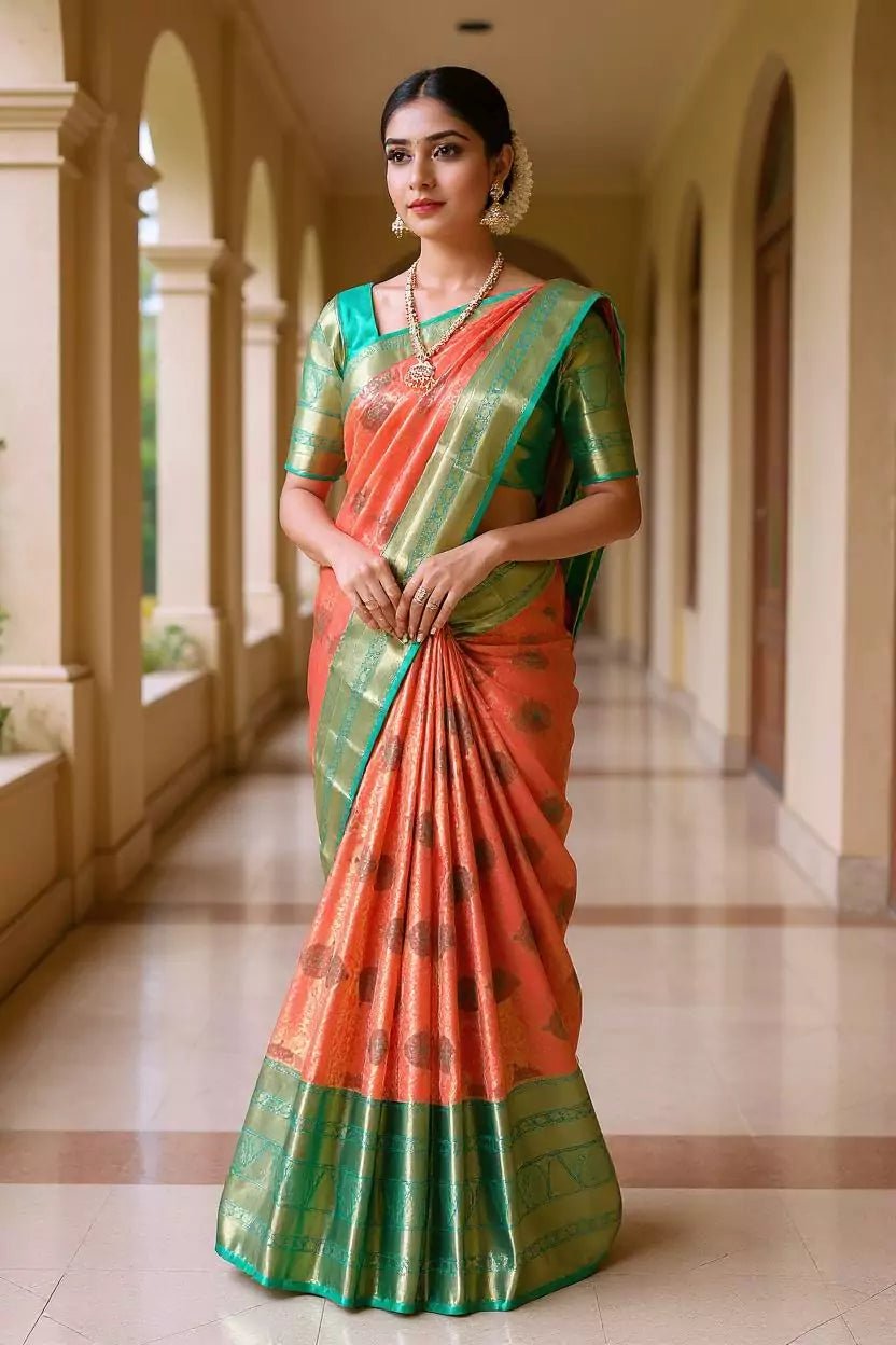 Image of Double Shaded Pink Tissue Meenakari Design Kanchi Pattu Silk Saree - South India Shopping Mall