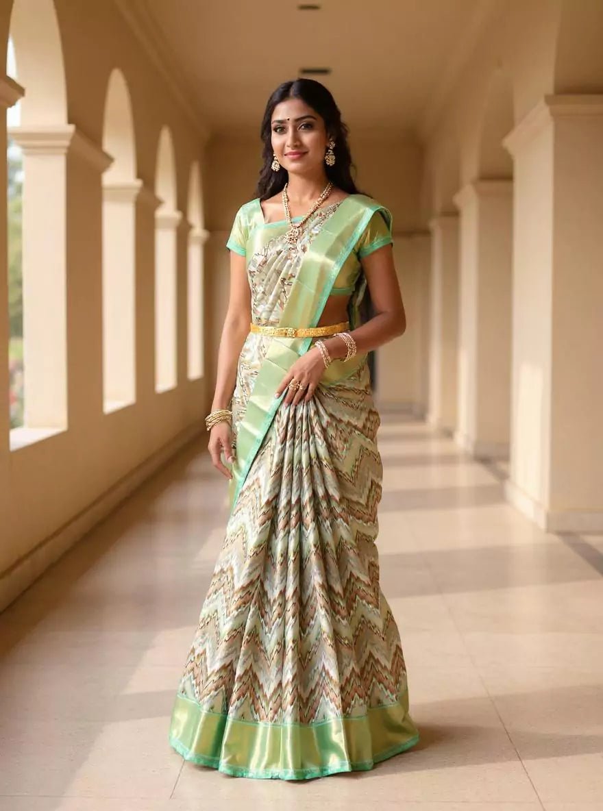 Image of Double Shaded Tissue Jaal Multi Color Zig Zag Patterned Kanchi Padiya Pattu Silk Saree - South India Shopping Mall