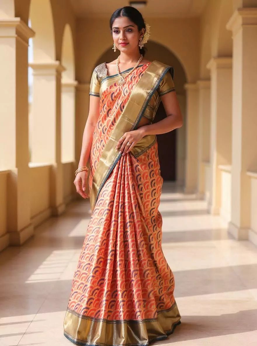 Image of Double Shaded Tissue Jaal Peach Kanchi Padiya Pattu Silk Saree - South India Shopping Mall