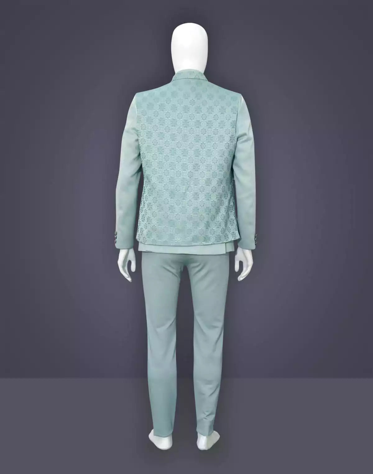 Image of Pista Green Woven Bandhgala Suit in Jacquard with Unstitched Trouser