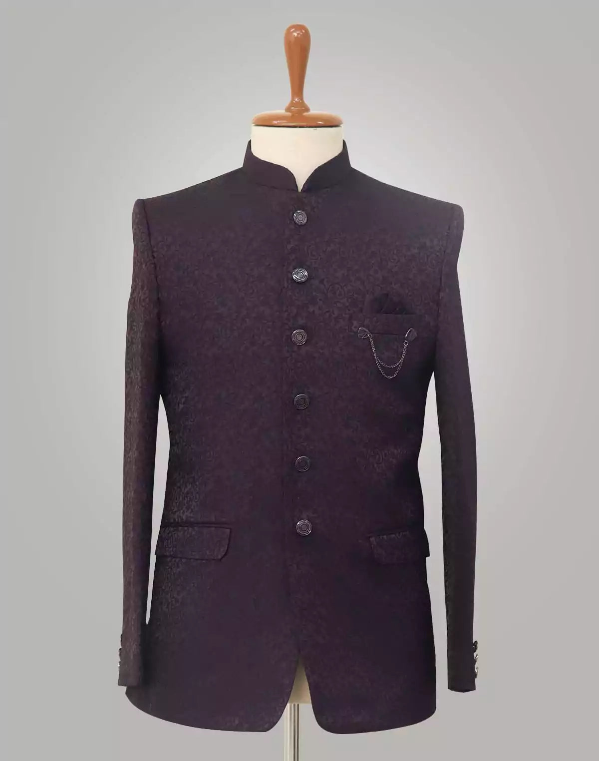 Image of Purple Self Design Brocade Bandhgala Set