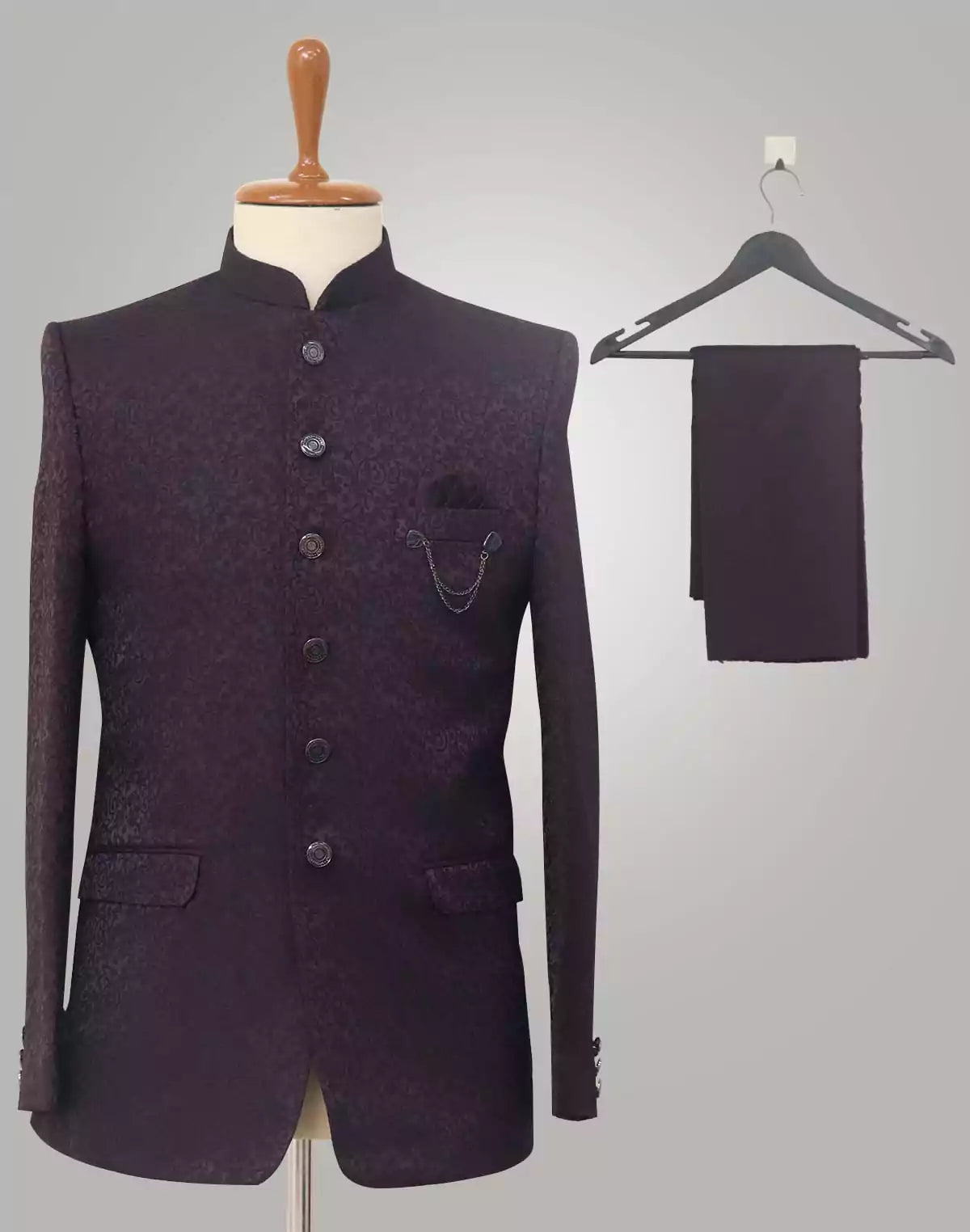 Image of Purple Self Design Brocade Bandhgala Set