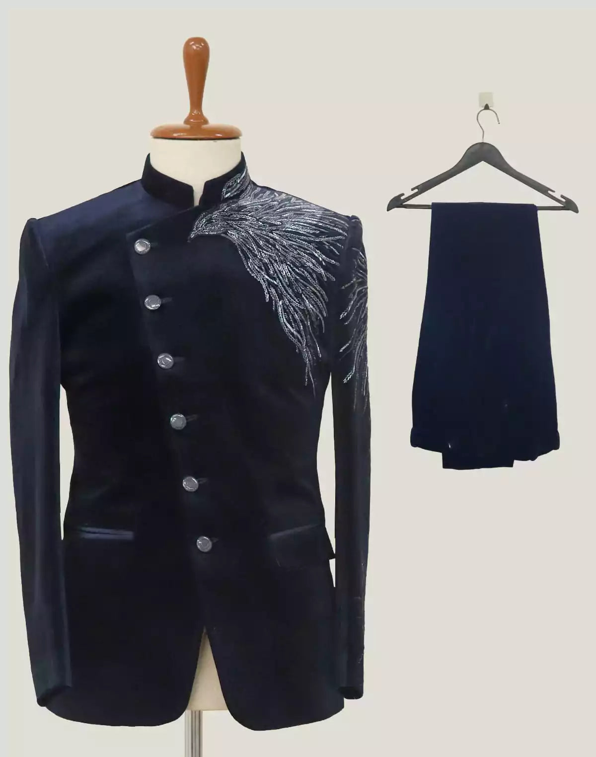Image of Classic Blue Velvet Cutdana work Bandhgala Suit